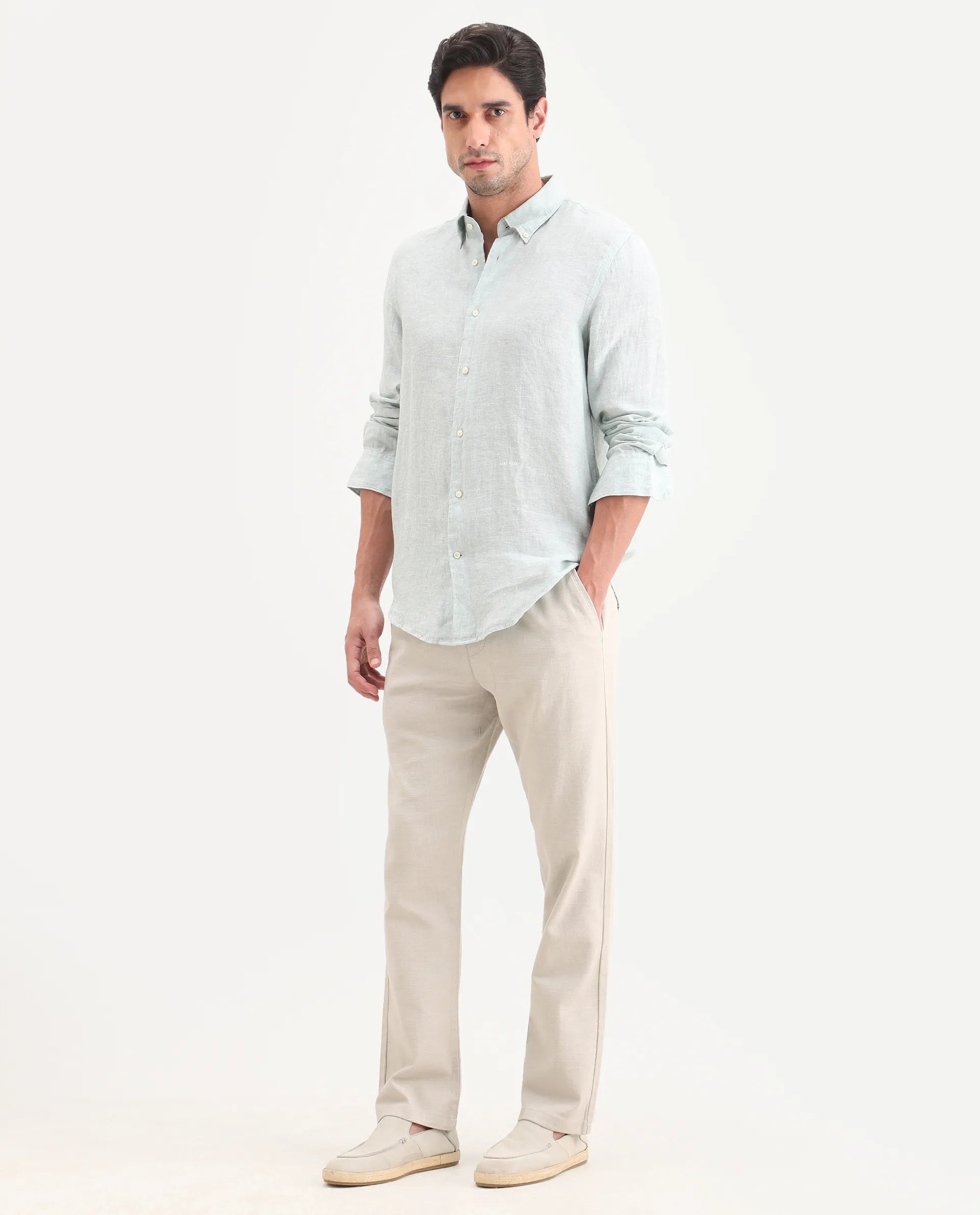 Rare Rabbit Men's Pluk Dusky Green Cotton Blend Fabric Regular Fit Plain Trouser