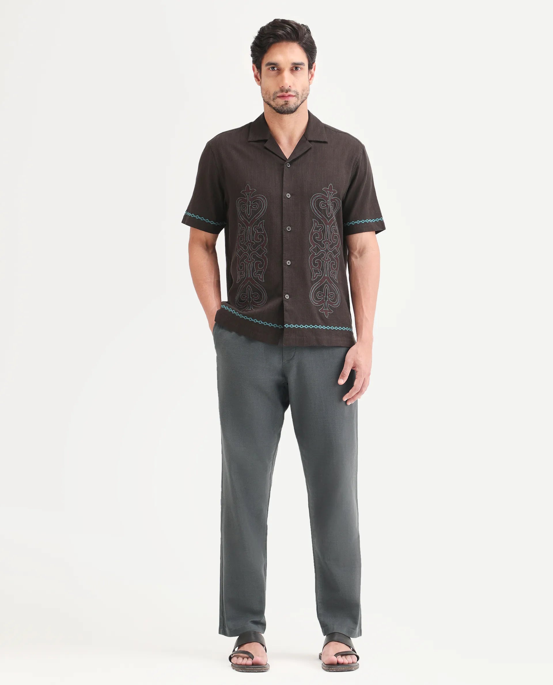 Rare Rabbit Men's Pluk Dark Grey Cotton Blend Fabric Regular Fit Plain Trouser