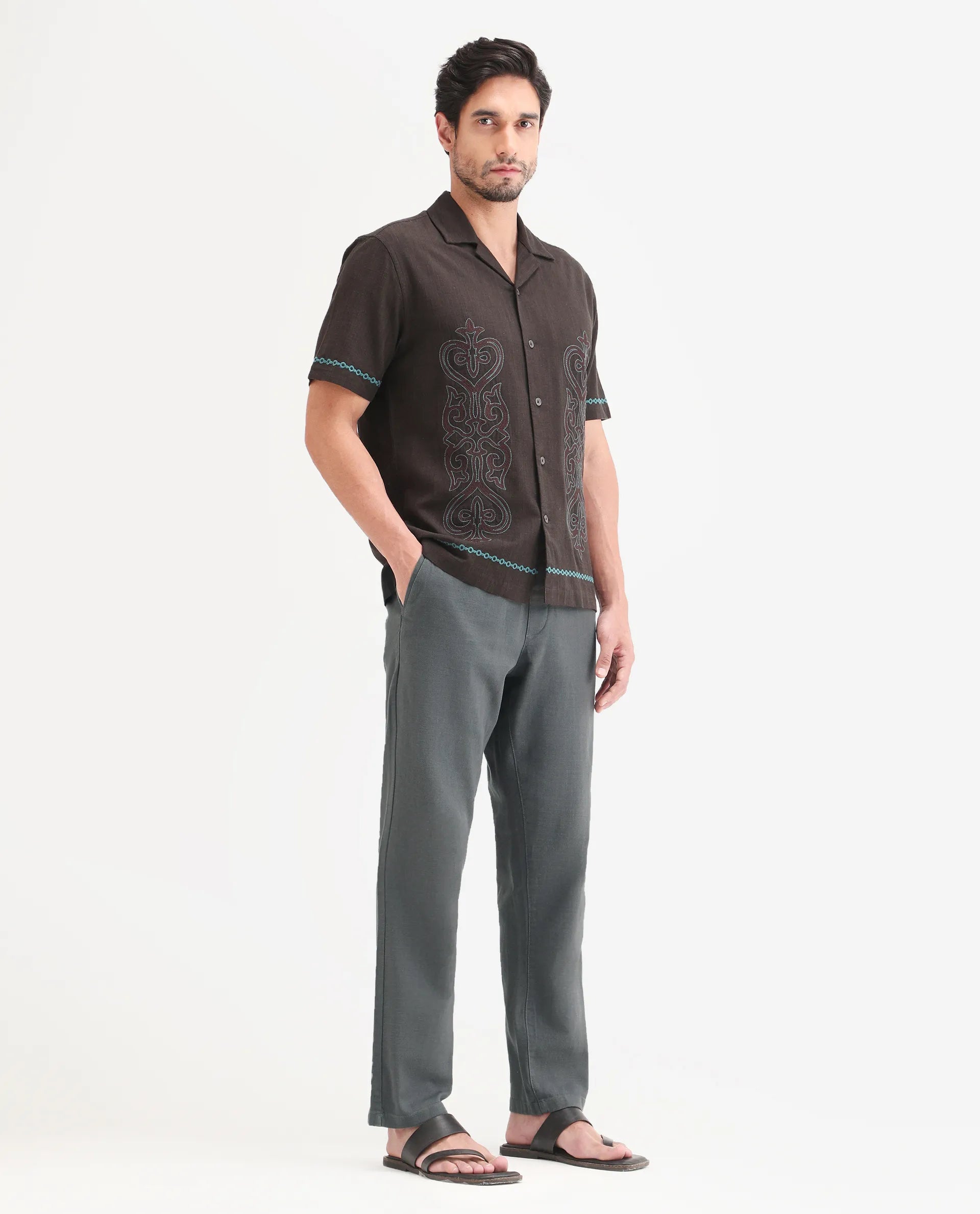 Rare Rabbit Men's Pluk Dark Grey Cotton Blend Fabric Regular Fit Plain Trouser