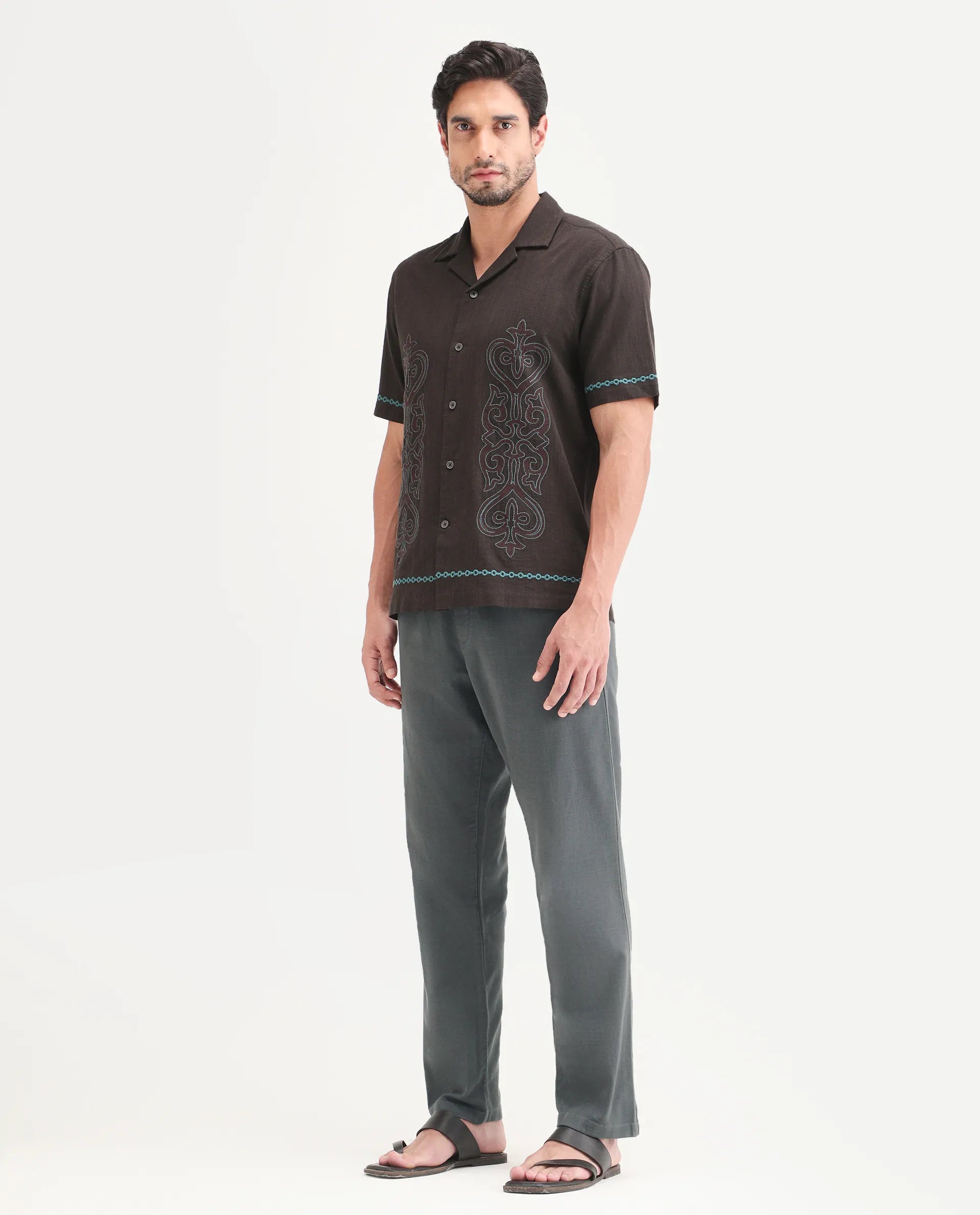 Rare Rabbit Men's Pluk Dark Grey Cotton Blend Fabric Regular Fit Plain Trouser