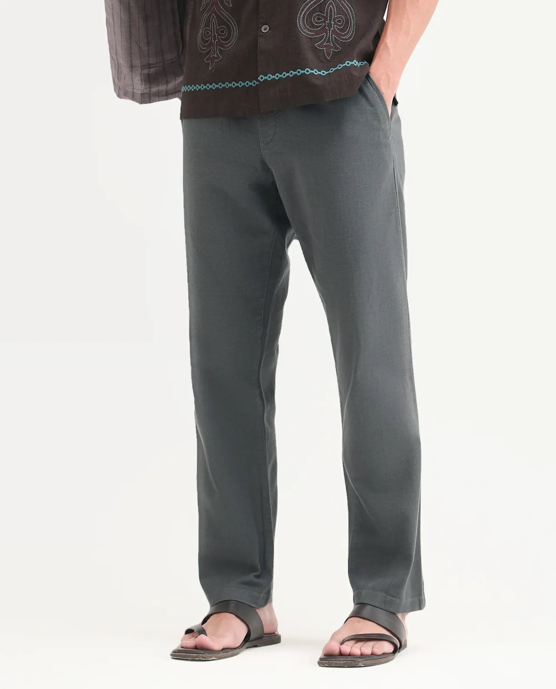 Rare Rabbit Men's Pluk Dark Grey Cotton Blend Fabric Regular Fit Plain Trouser
