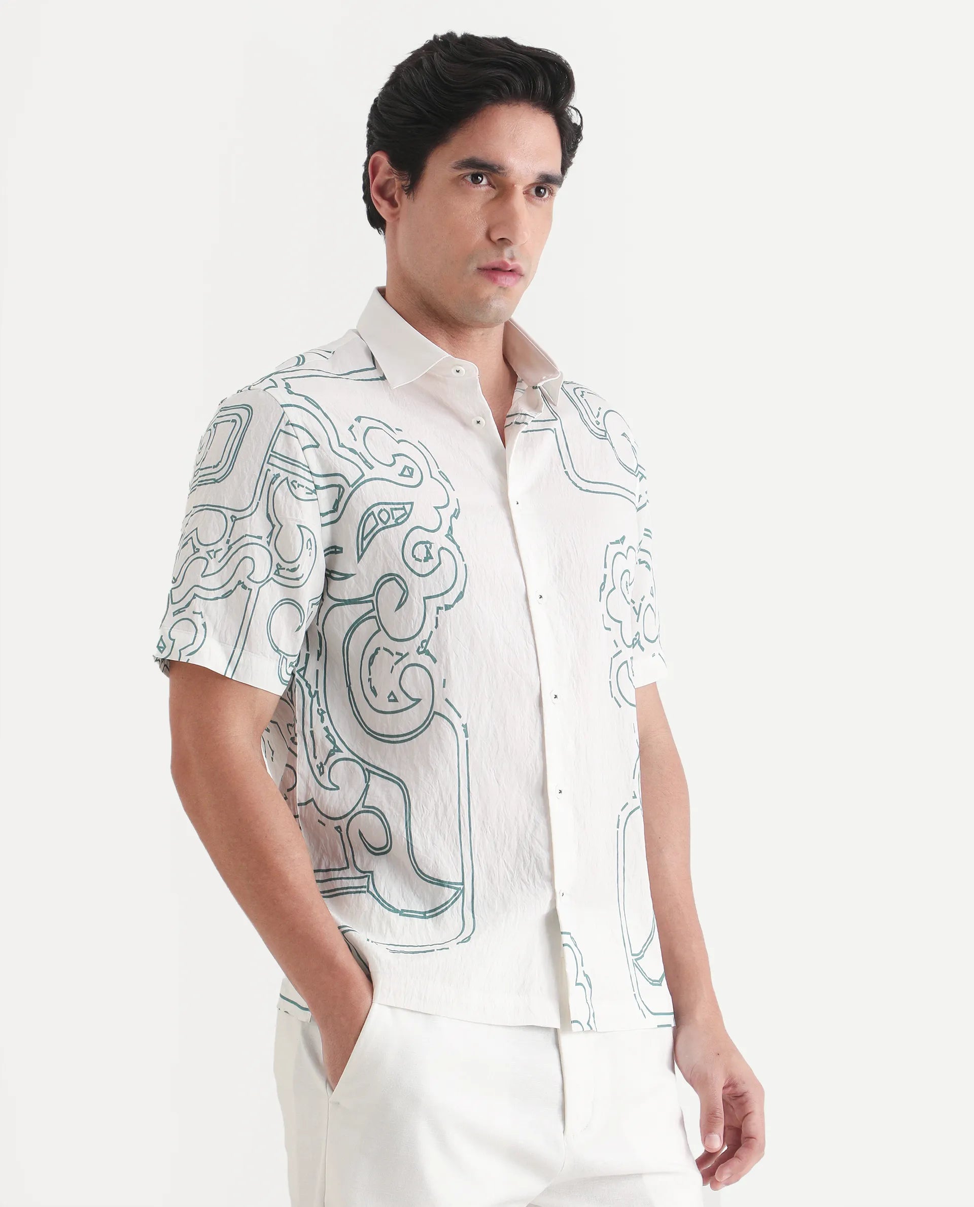 Rare Rabbit Men's Embi White Viscose Fabric Spread Collar Regular Fit Abstract Print Shirt