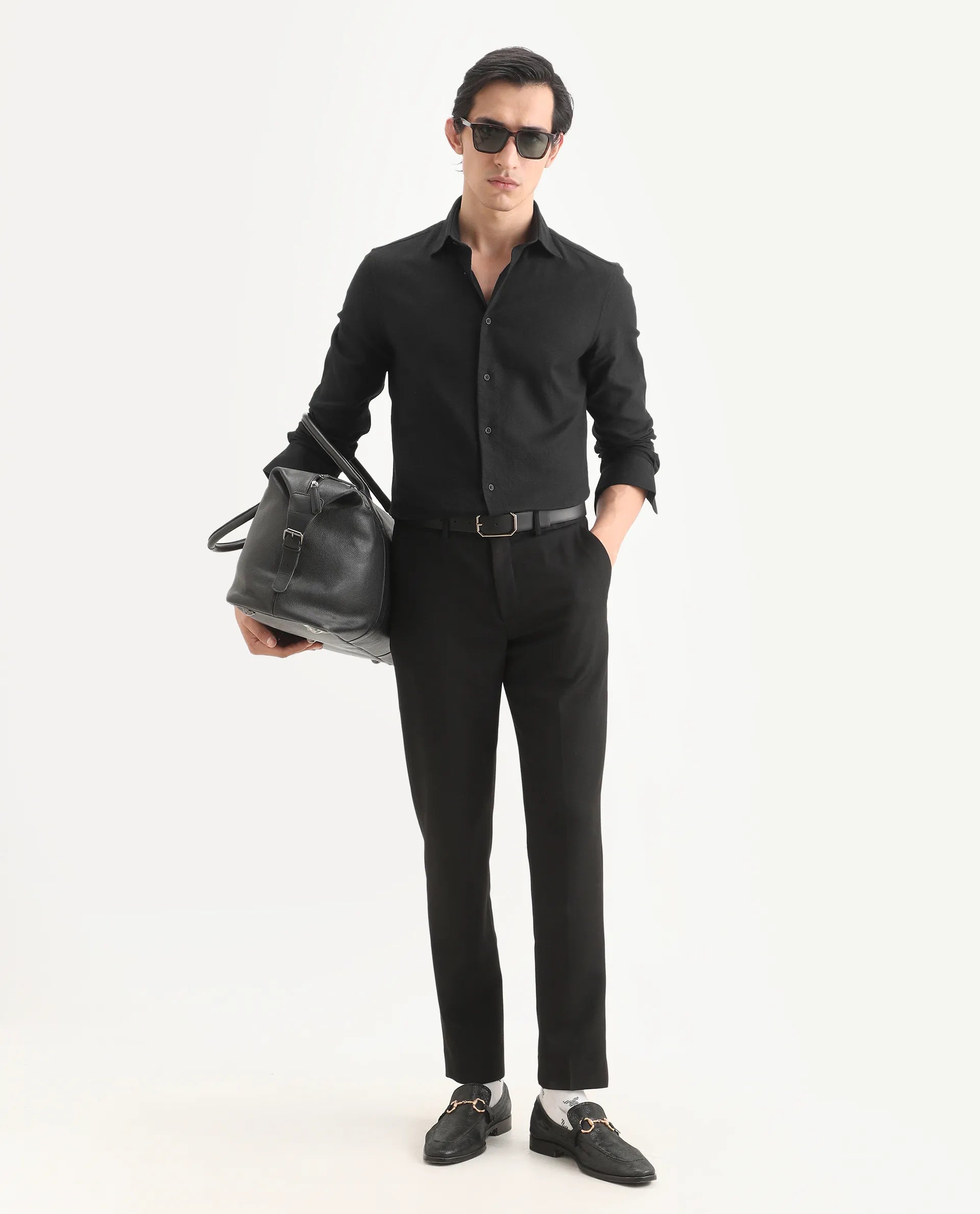 Rare Rabbit Men's Leven Black Viscose Fabric Spread Collar Regular Fit Plain Shirt