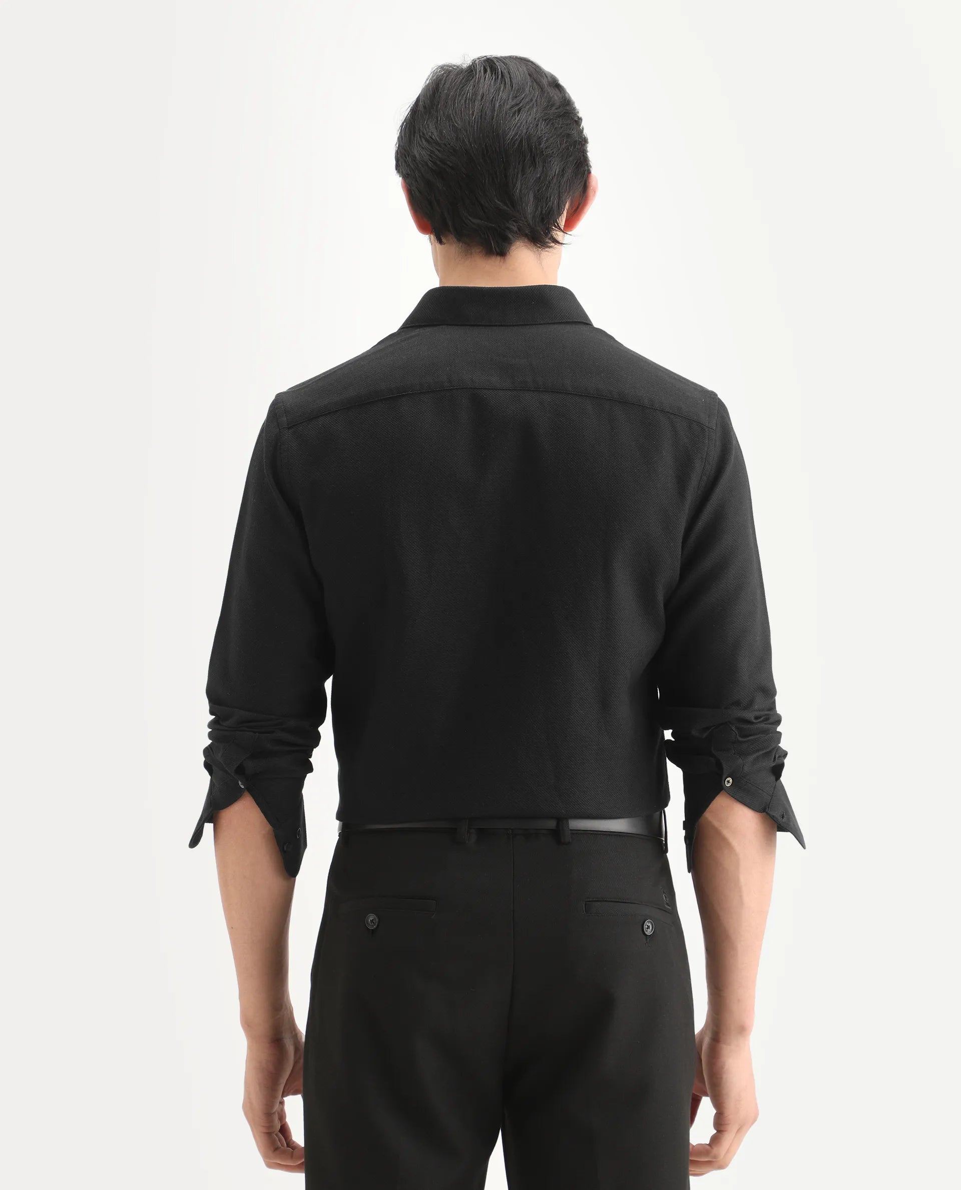 Rare Rabbit Men's Leven Black Viscose Fabric Spread Collar Regular Fit Plain Shirt