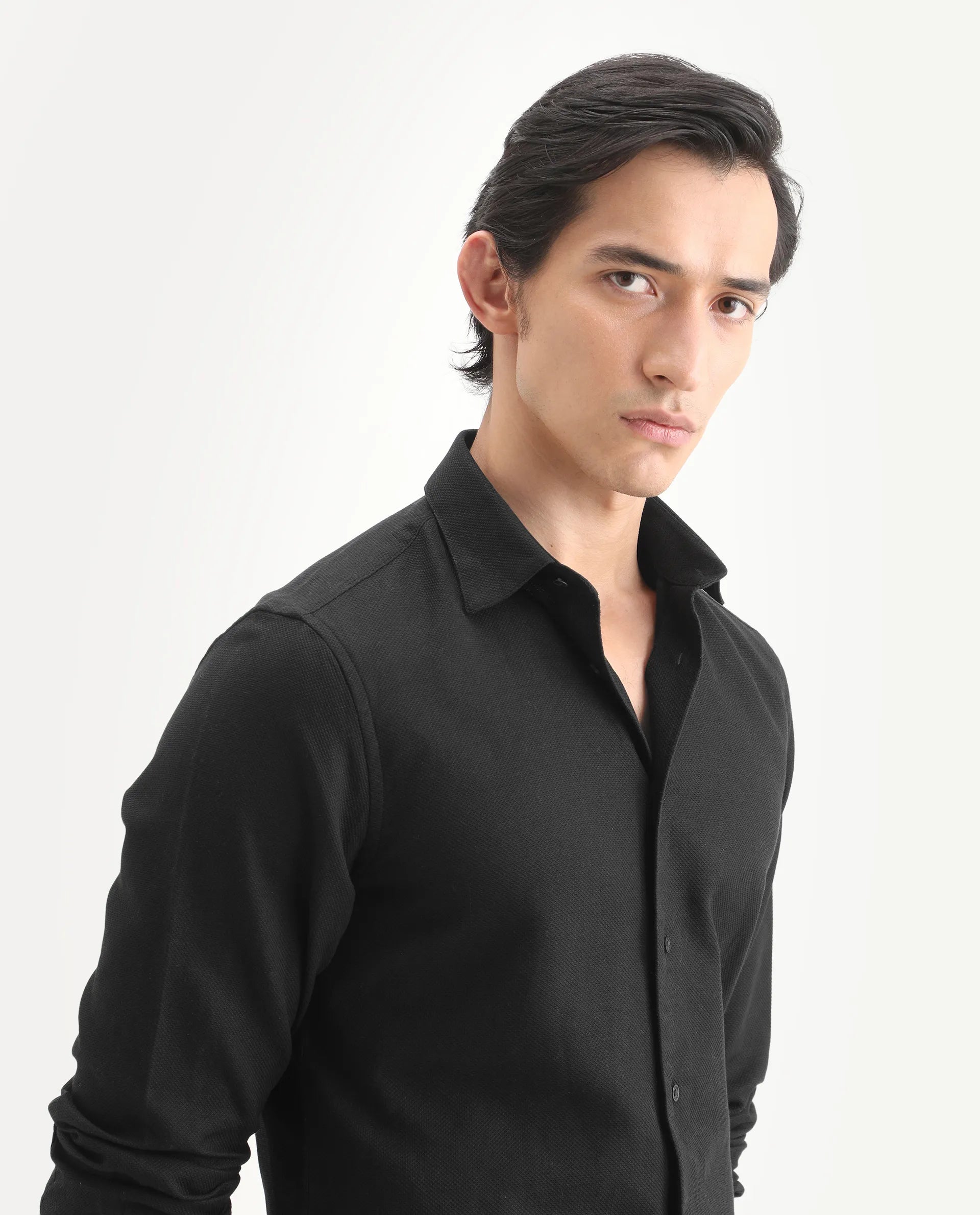 Rare Rabbit Men's Leven Black Viscose Fabric Spread Collar Regular Fit Plain Shirt