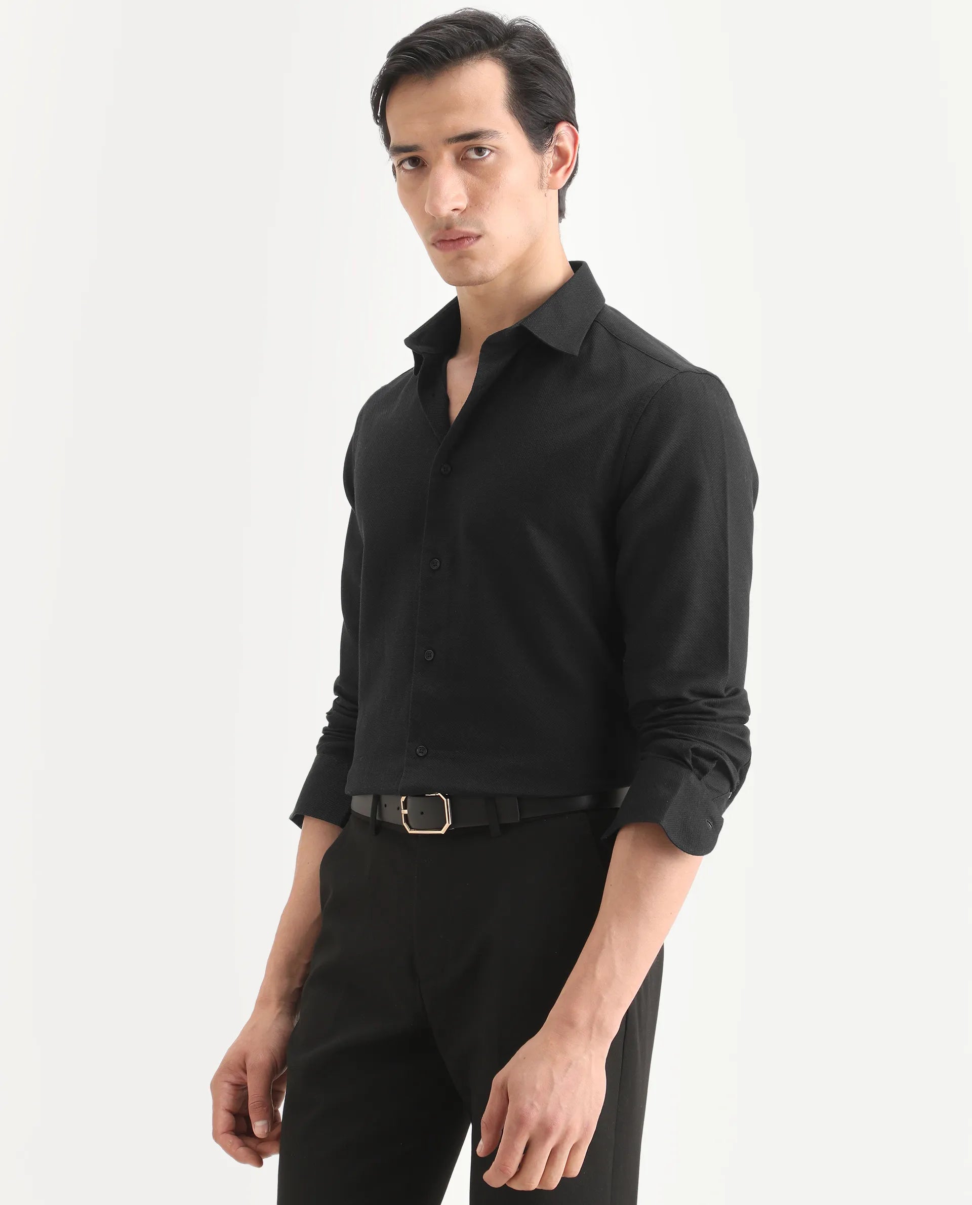 Rare Rabbit Men's Leven Black Viscose Fabric Spread Collar Regular Fit Plain Shirt