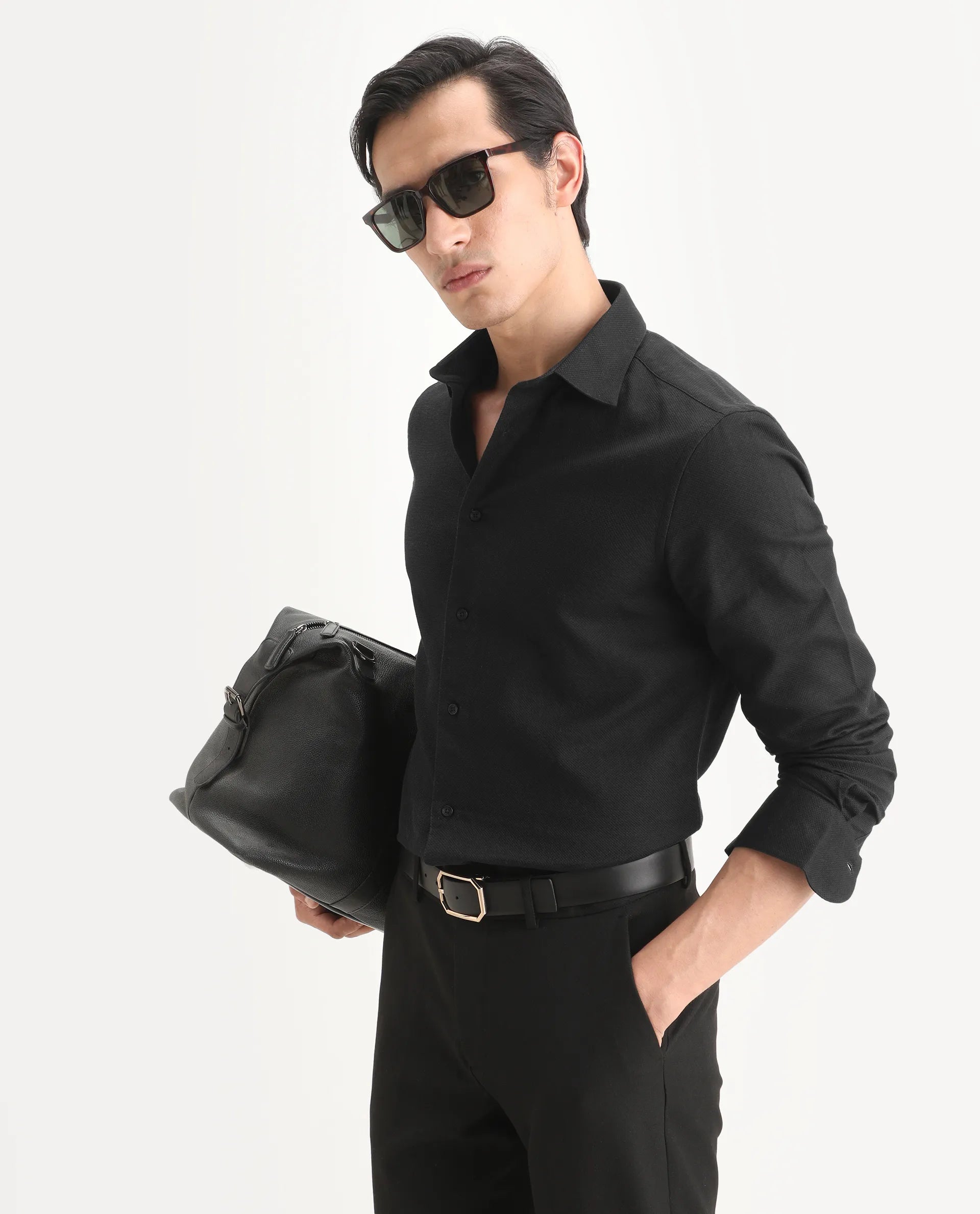 Rare Rabbit Men's Leven Black Viscose Fabric Spread Collar Regular Fit Plain Shirt
