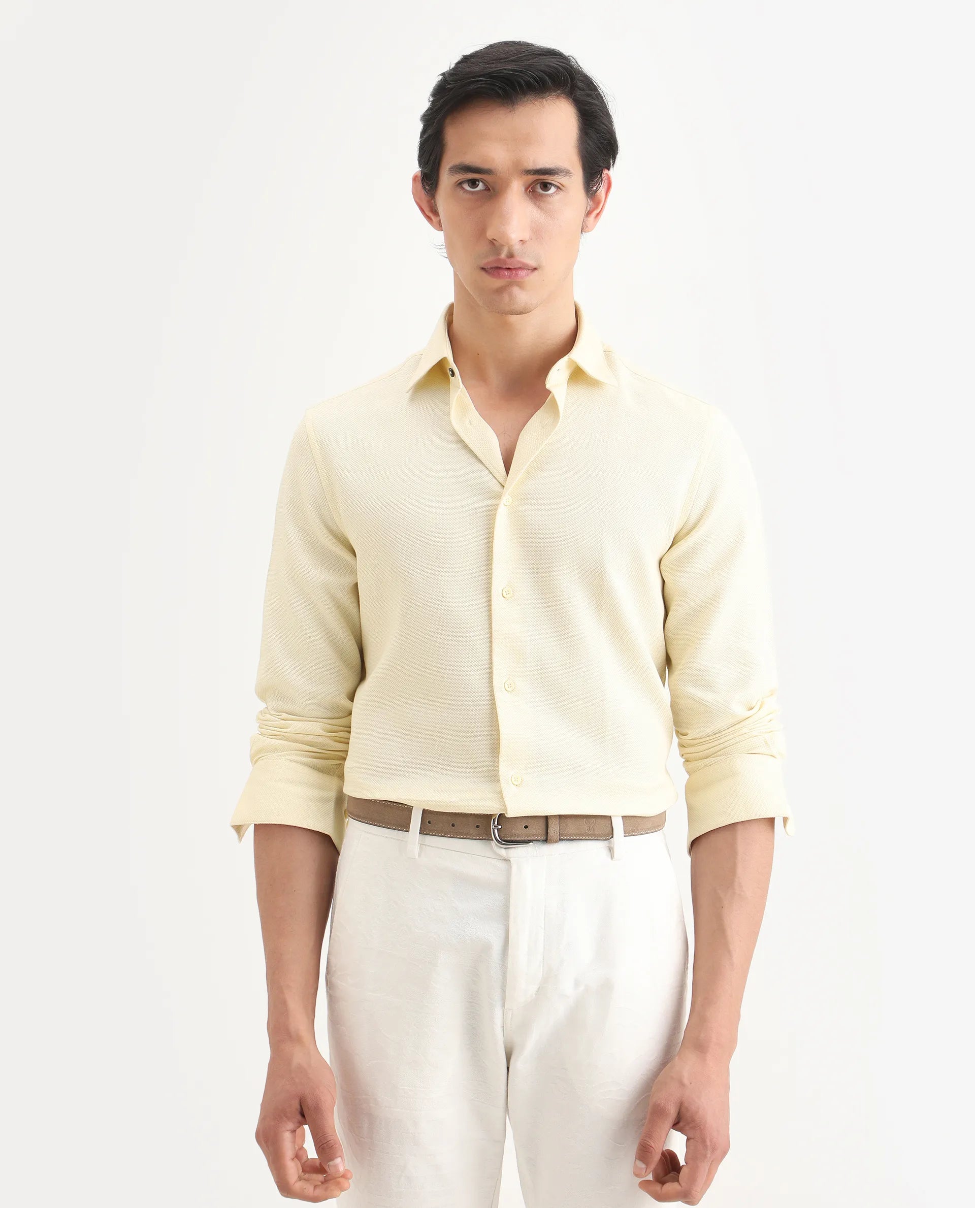 Rare Rabbit Men's Leven Light Yellow Viscose Fabric Spread Collar Regular Fit Plain Shirt