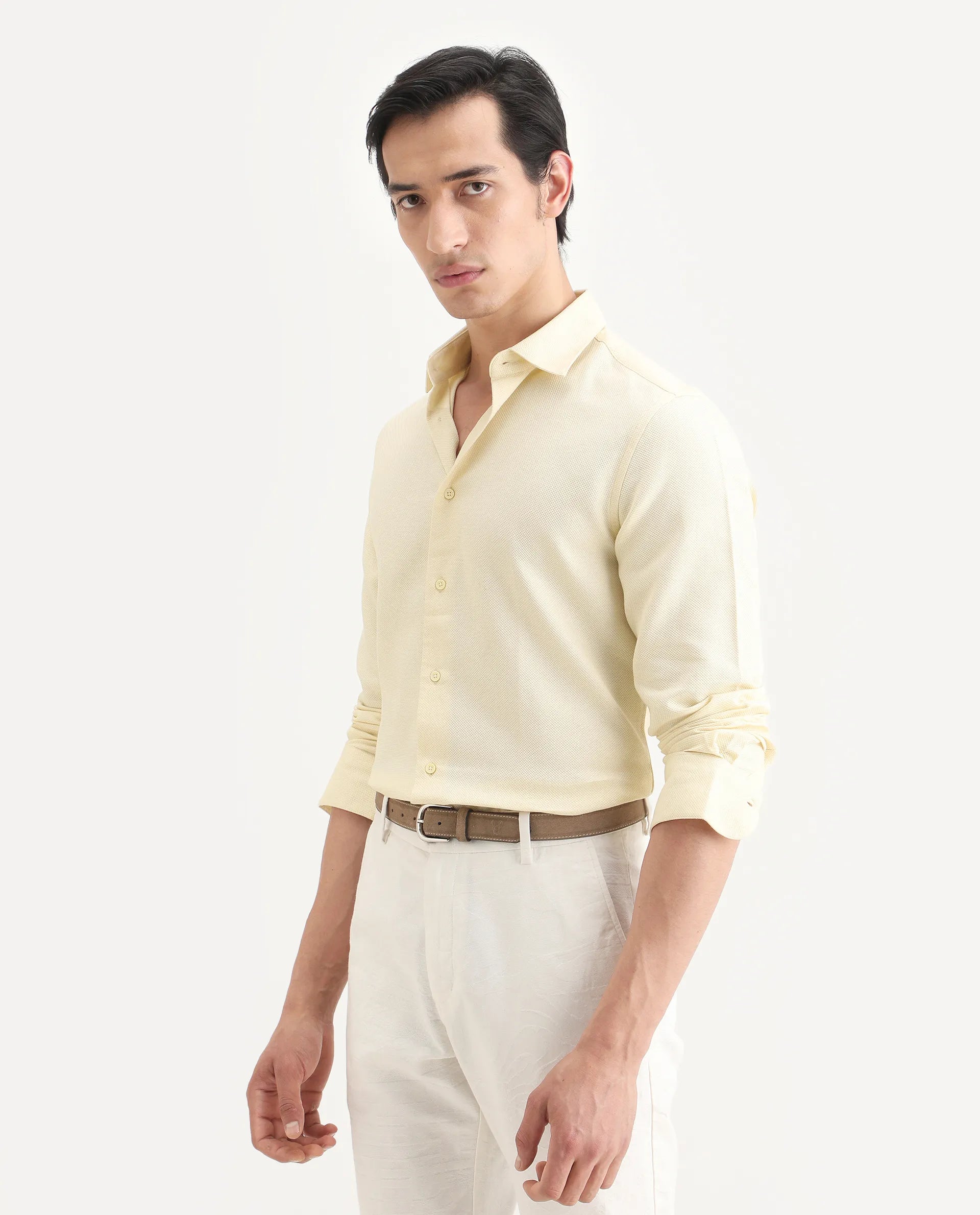 Rare Rabbit Men's Leven Light Yellow Viscose Fabric Spread Collar Regular Fit Plain Shirt