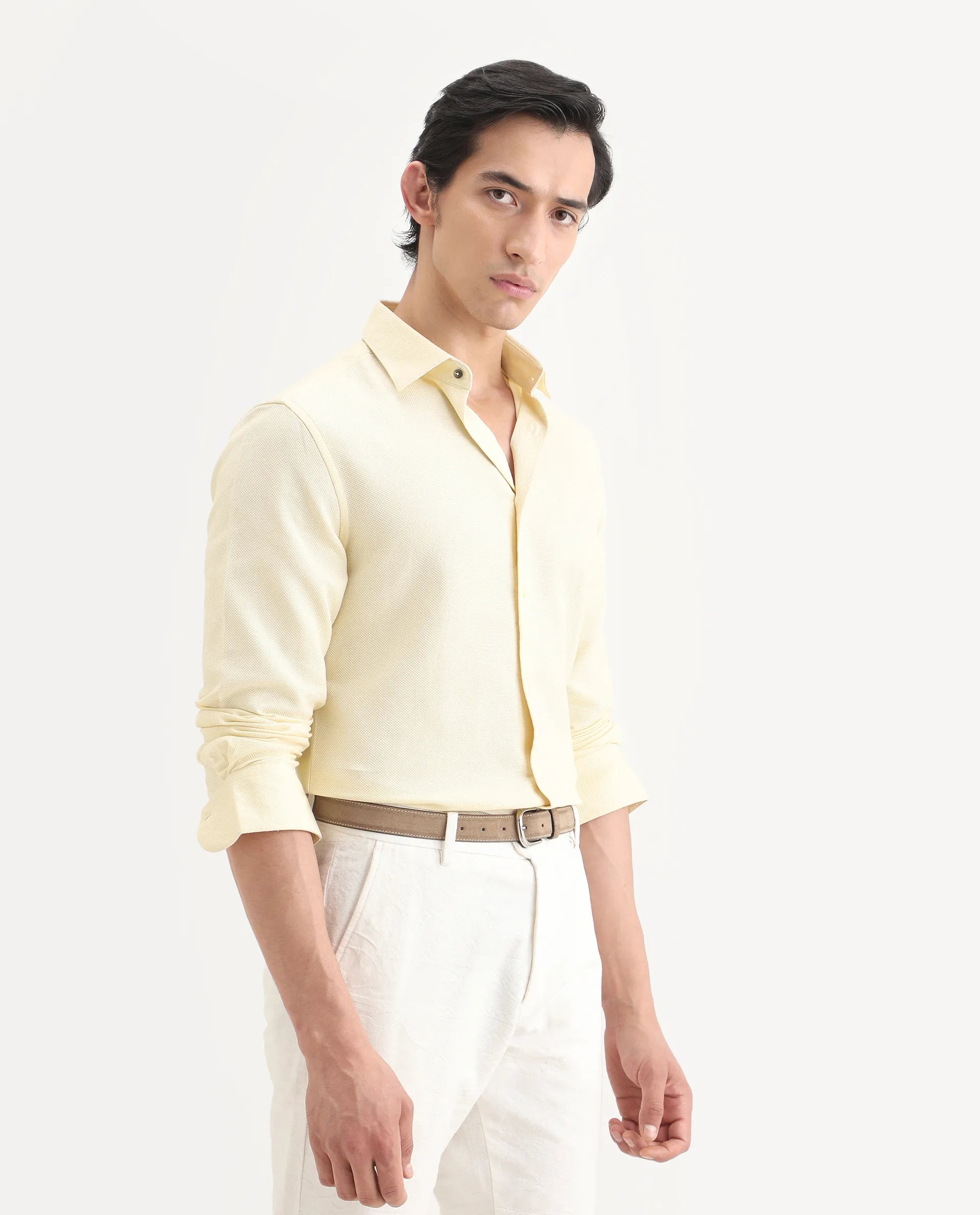 Rare Rabbit Men's Leven Light Yellow Viscose Fabric Spread Collar Regular Fit Plain Shirt