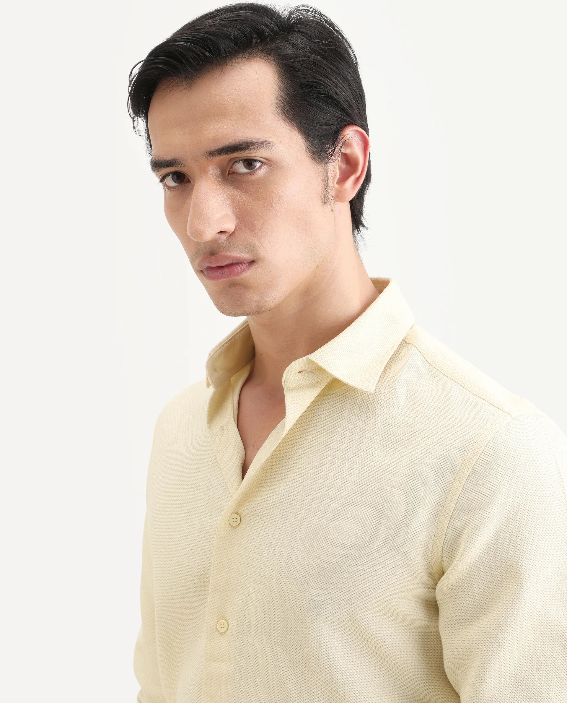 Rare Rabbit Men's Leven Light Yellow Viscose Fabric Spread Collar Regular Fit Plain Shirt
