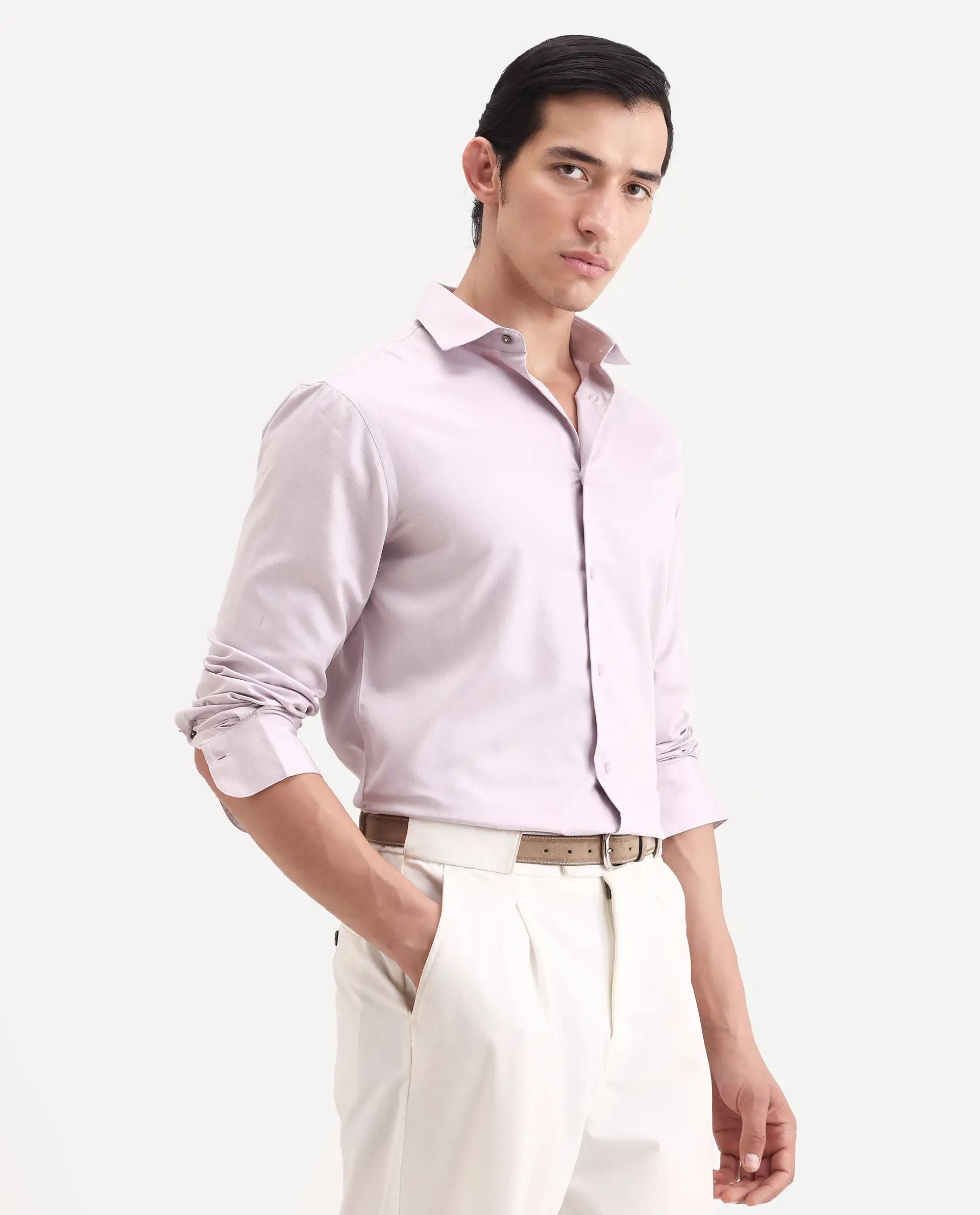 Rare Rabbit Men's Vansh Dusky Purple Polyester Blend Fabric Spread Collar Regular Fit Plain Shirt