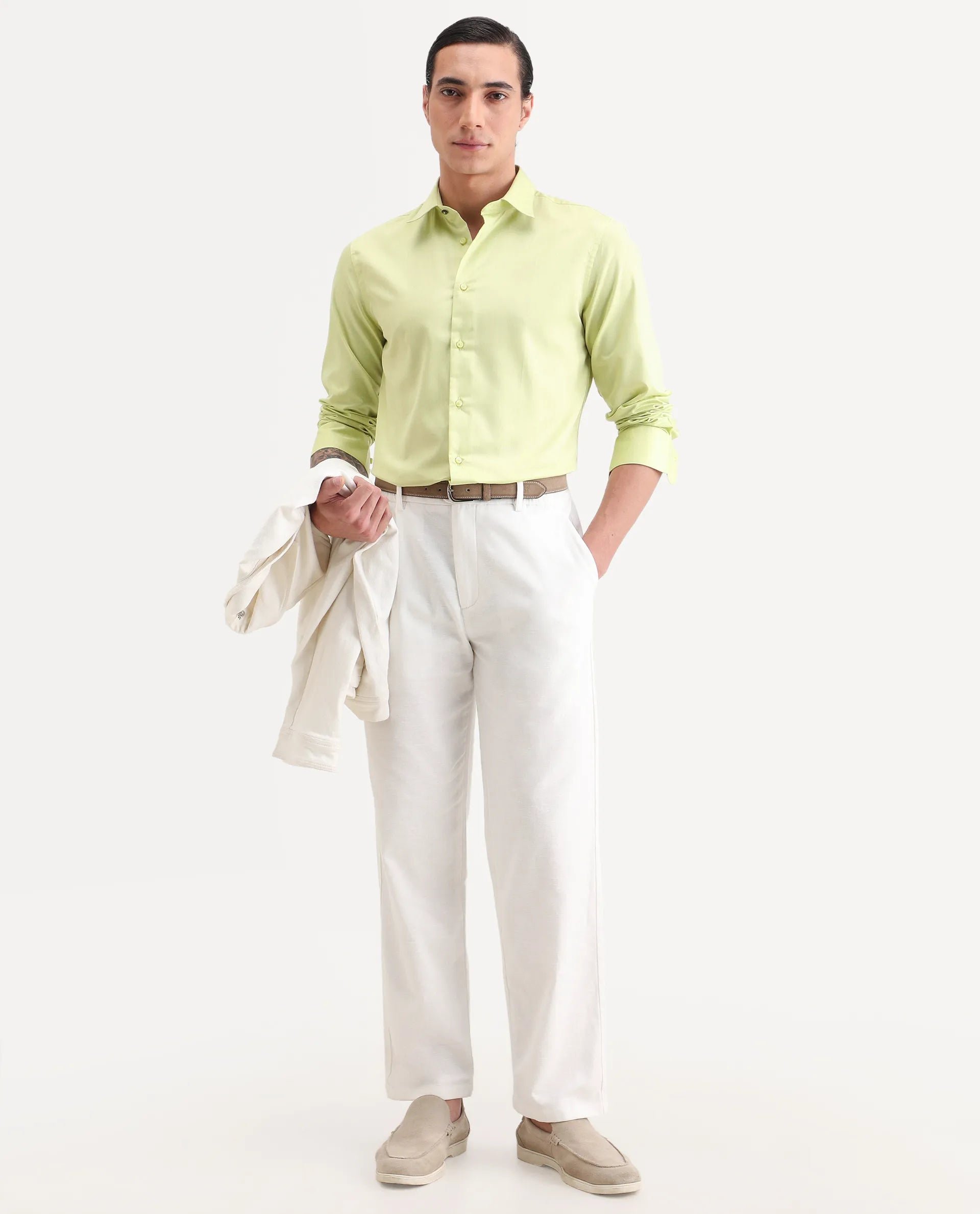 Rare Rabbit Men's Vansh Flouroscent Green Polyester Blend Fabric Spread Collar Regular Fit Plain Shirt