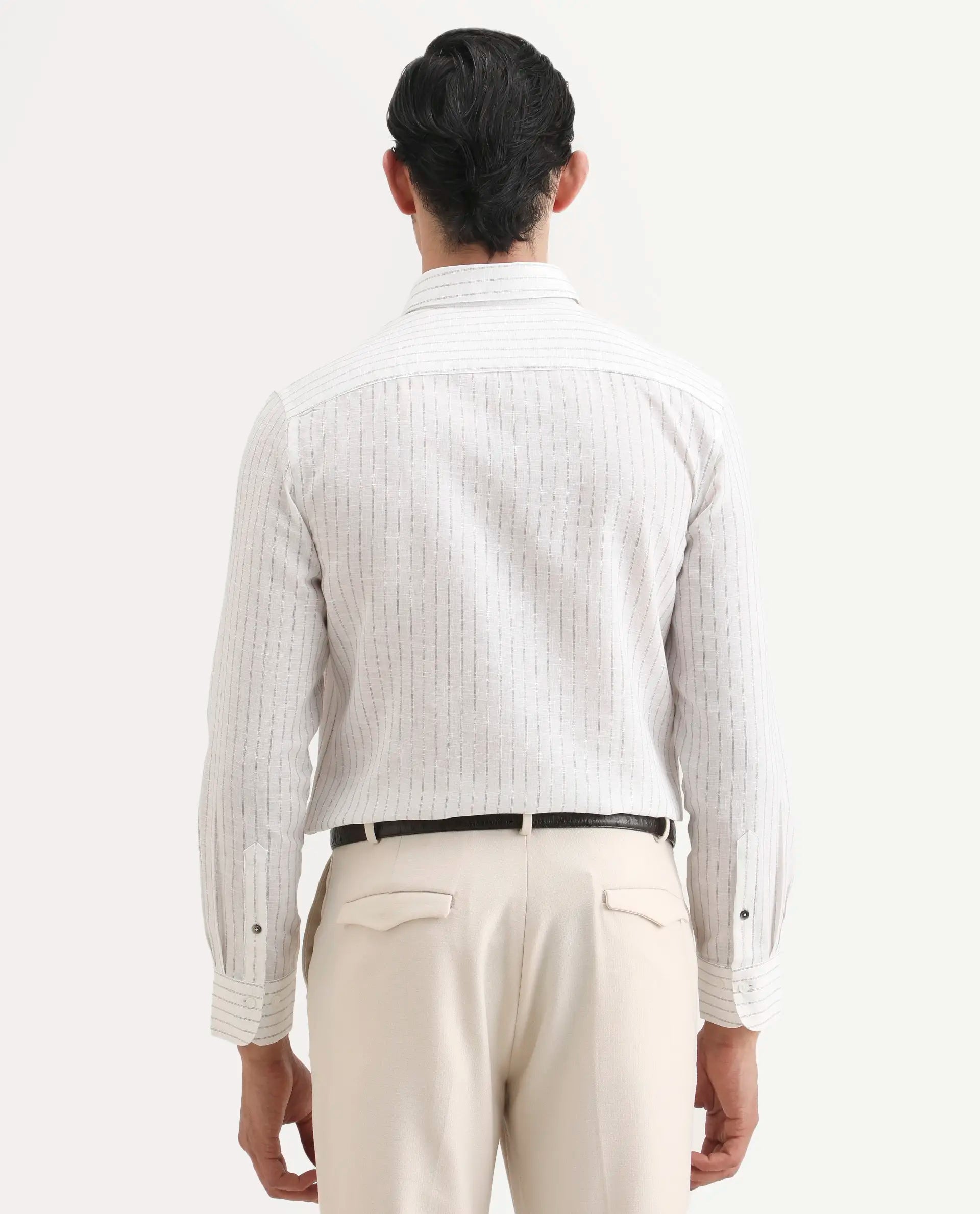 Rare Rabbit Men's Conwy Off White Linen Blend Fabric Spread Collar Regular Fit Striped Shirt