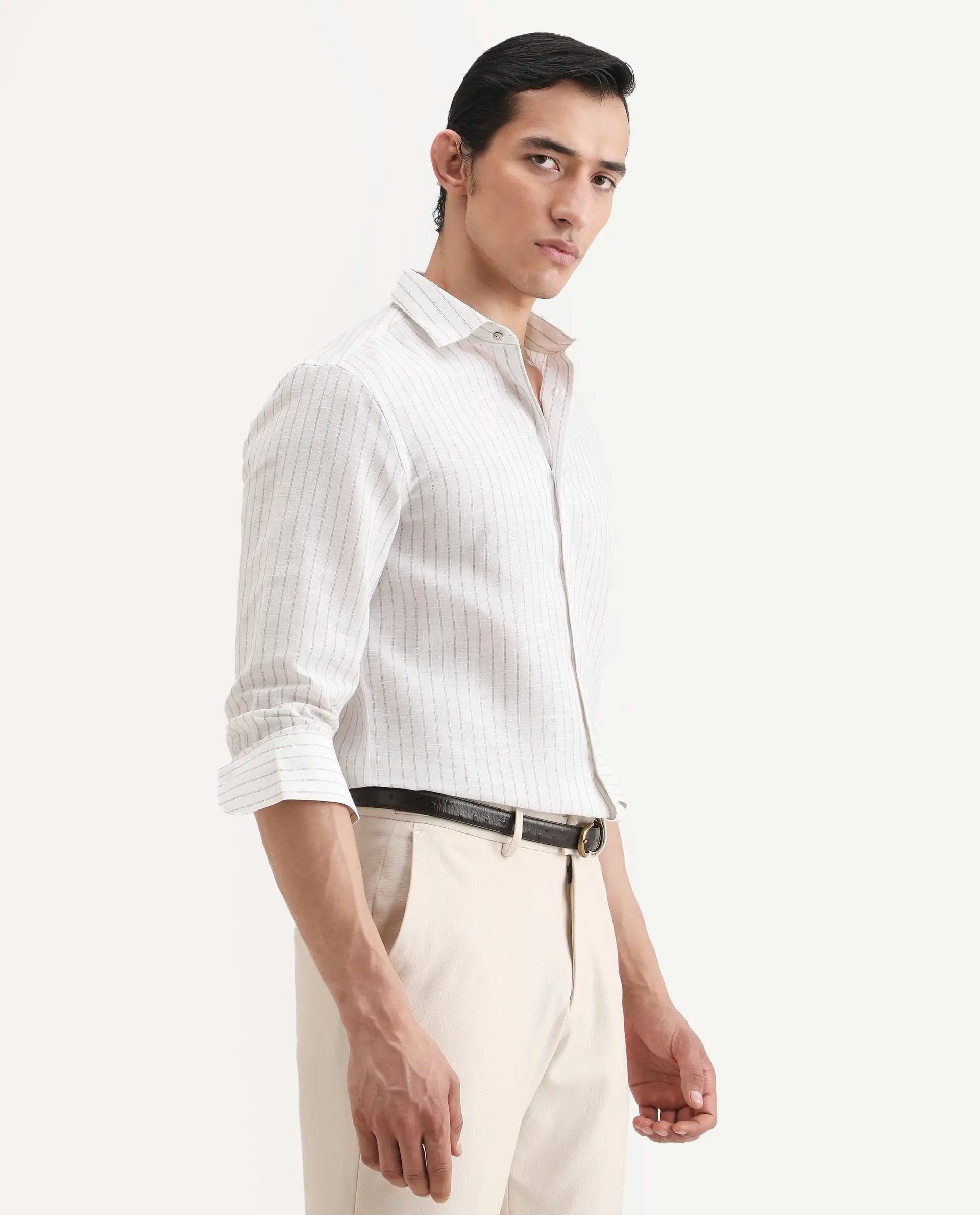 Rare Rabbit Men's Conwy Off White Linen Blend Fabric Spread Collar Regular Fit Striped Shirt