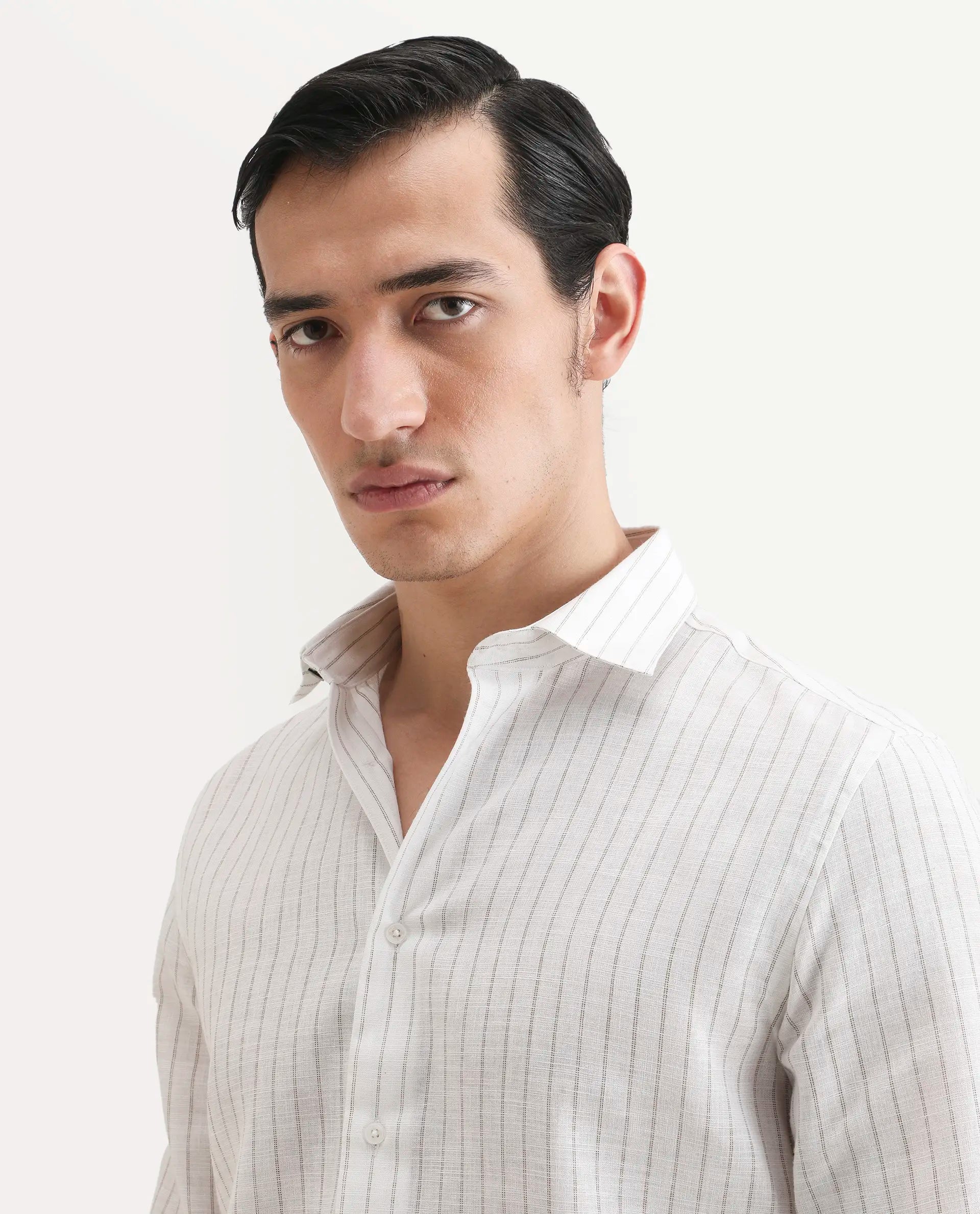 Rare Rabbit Men's Conwy Off White Linen Blend Fabric Spread Collar Regular Fit Striped Shirt