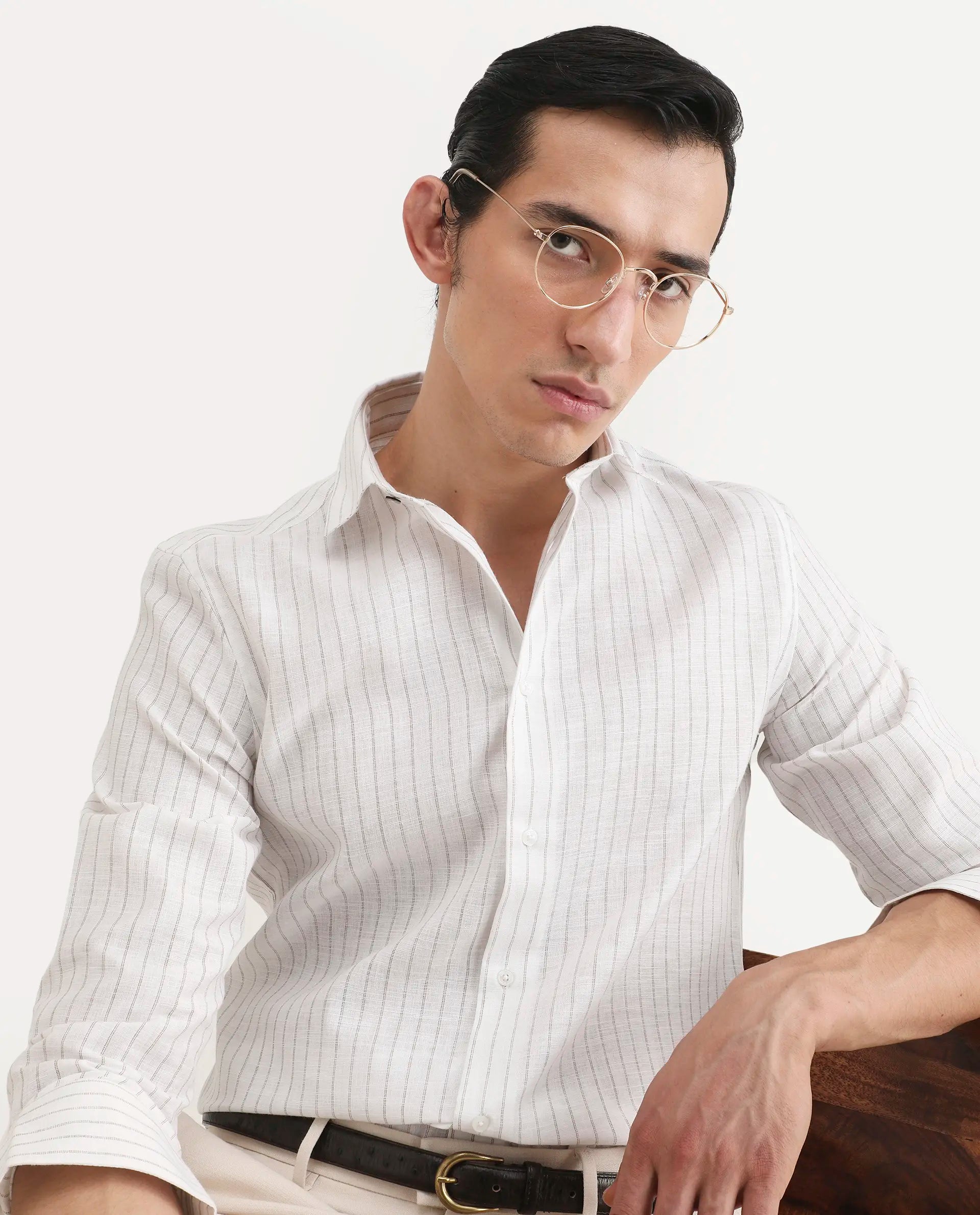 Rare Rabbit Men's Conwy Off White Linen Blend Fabric Spread Collar Regular Fit Striped Shirt