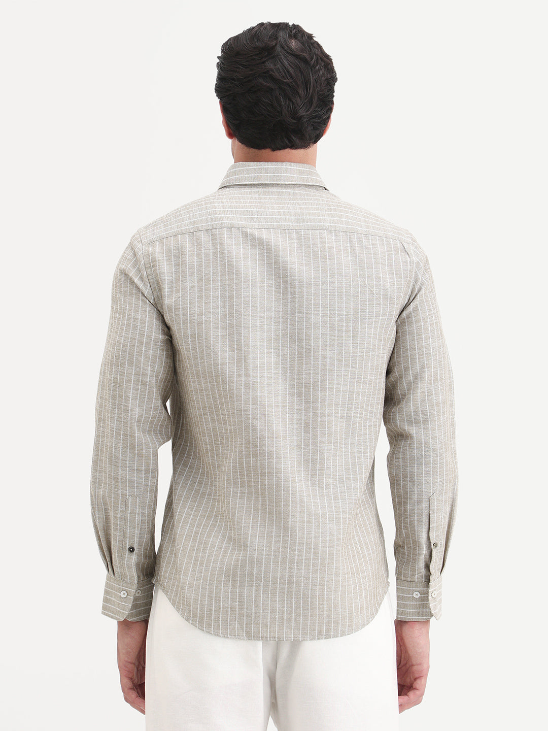 Rare Rabbit Men's Conwy Khaki Linen Blend Fabric Spread Collar Regular Fit Striped Shirt
