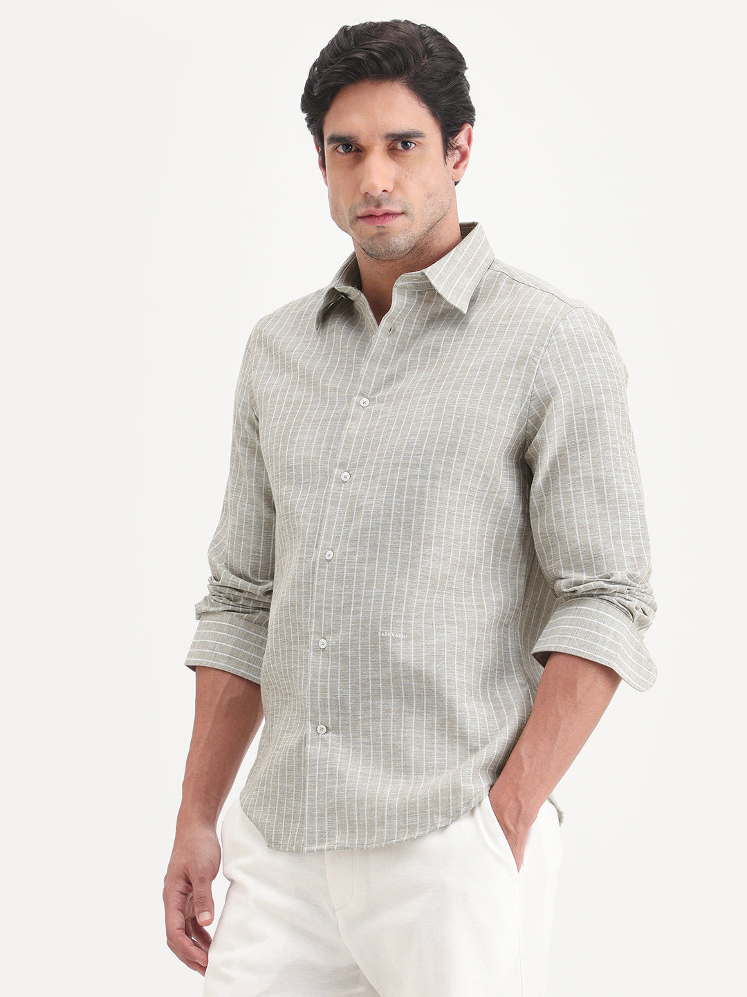 Rare Rabbit Men's Conwy Khaki Linen Blend Fabric Spread Collar Regular Fit Striped Shirt