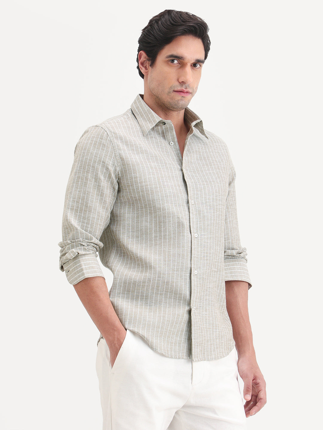 Rare Rabbit Men's Conwy Khaki Linen Blend Fabric Spread Collar Regular Fit Striped Shirt