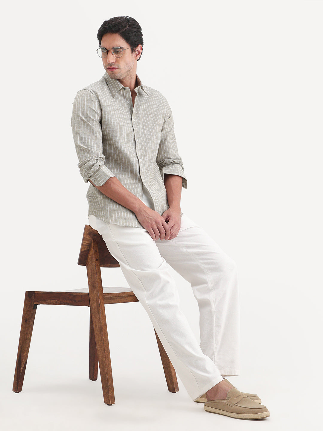 Rare Rabbit Men's Conwy Khaki Linen Blend Fabric Spread Collar Regular Fit Striped Shirt
