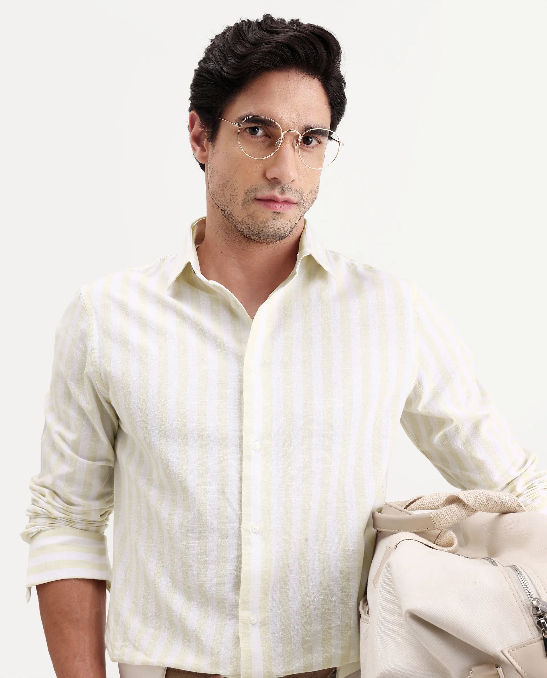 Rare Rabbit Men's Denny Beige Cotton Fabric Spread Collar Regular Fit Striped Shirt