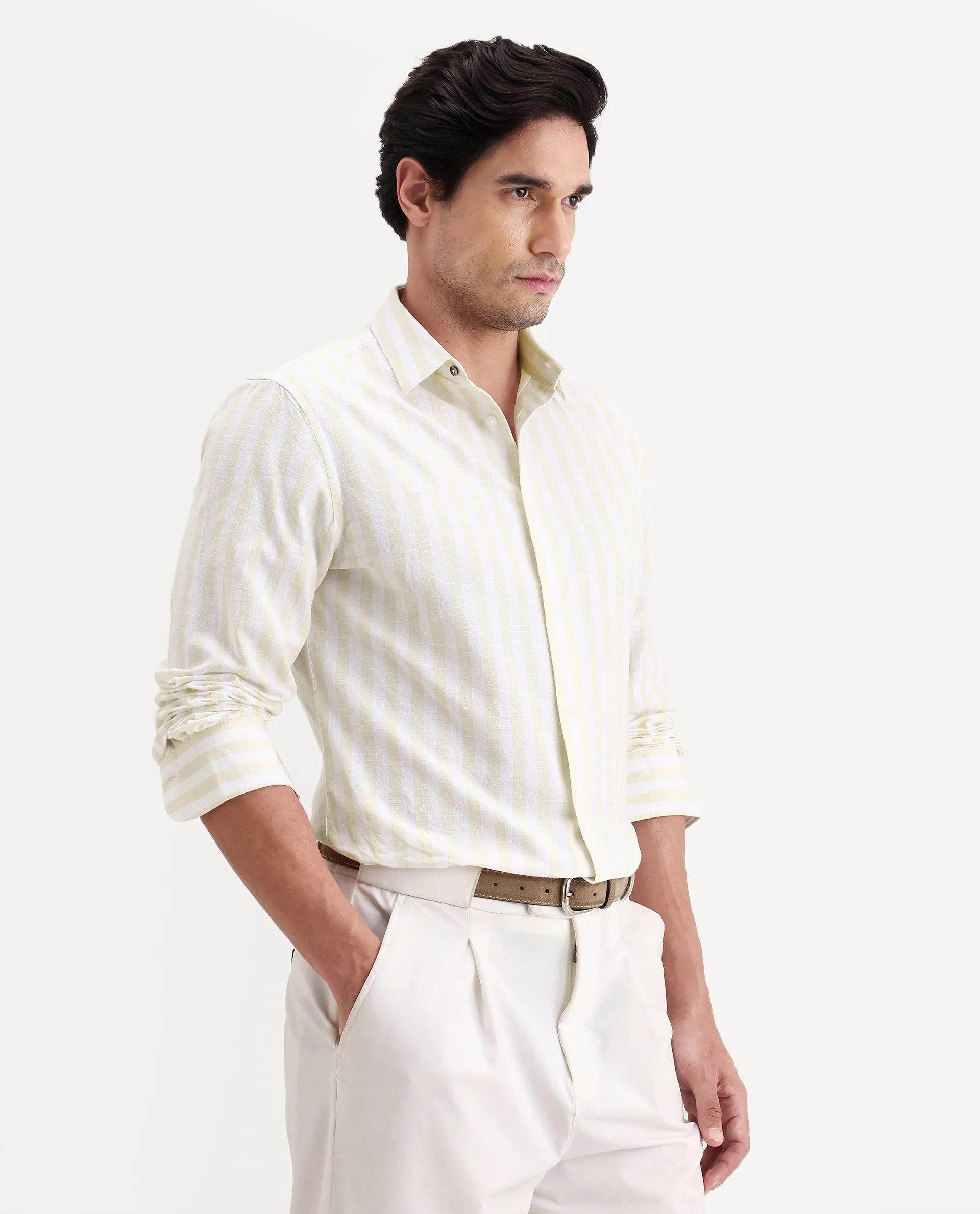 Rare Rabbit Men's Denny Beige Cotton Fabric Spread Collar Regular Fit Striped Shirt