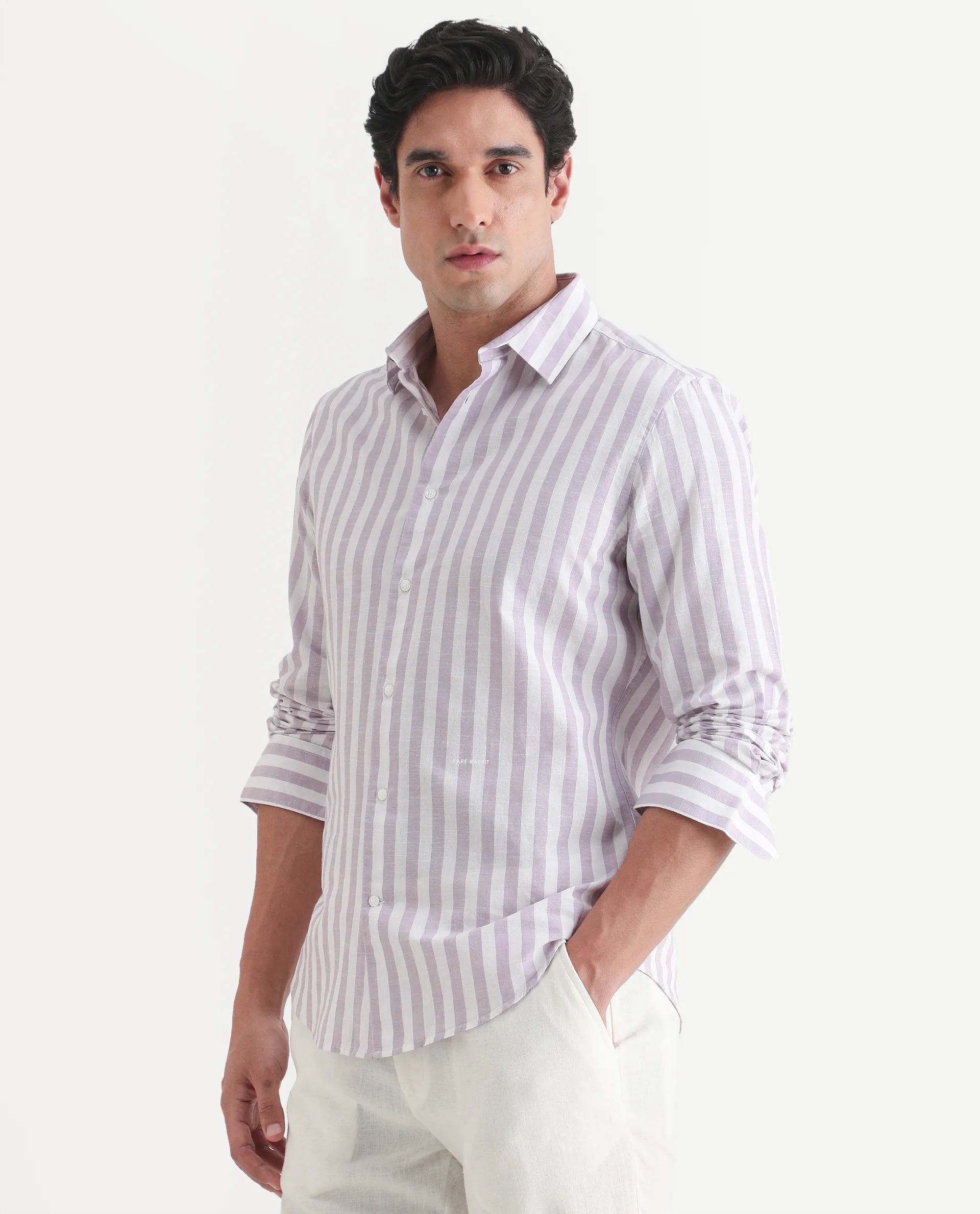 Rare Rabbit Men's Denny Purple Cotton Fabric Spread Collar Regular Fit Striped Shirt