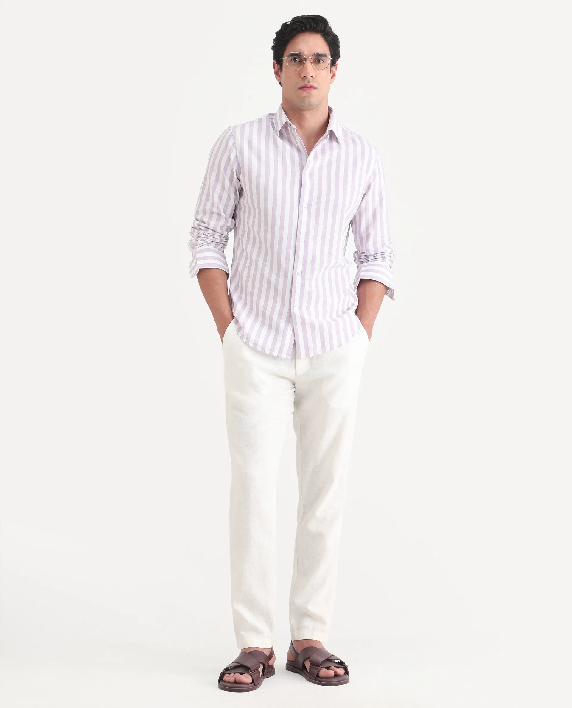 Rare Rabbit Men's Denny Purple Cotton Fabric Spread Collar Regular Fit Striped Shirt