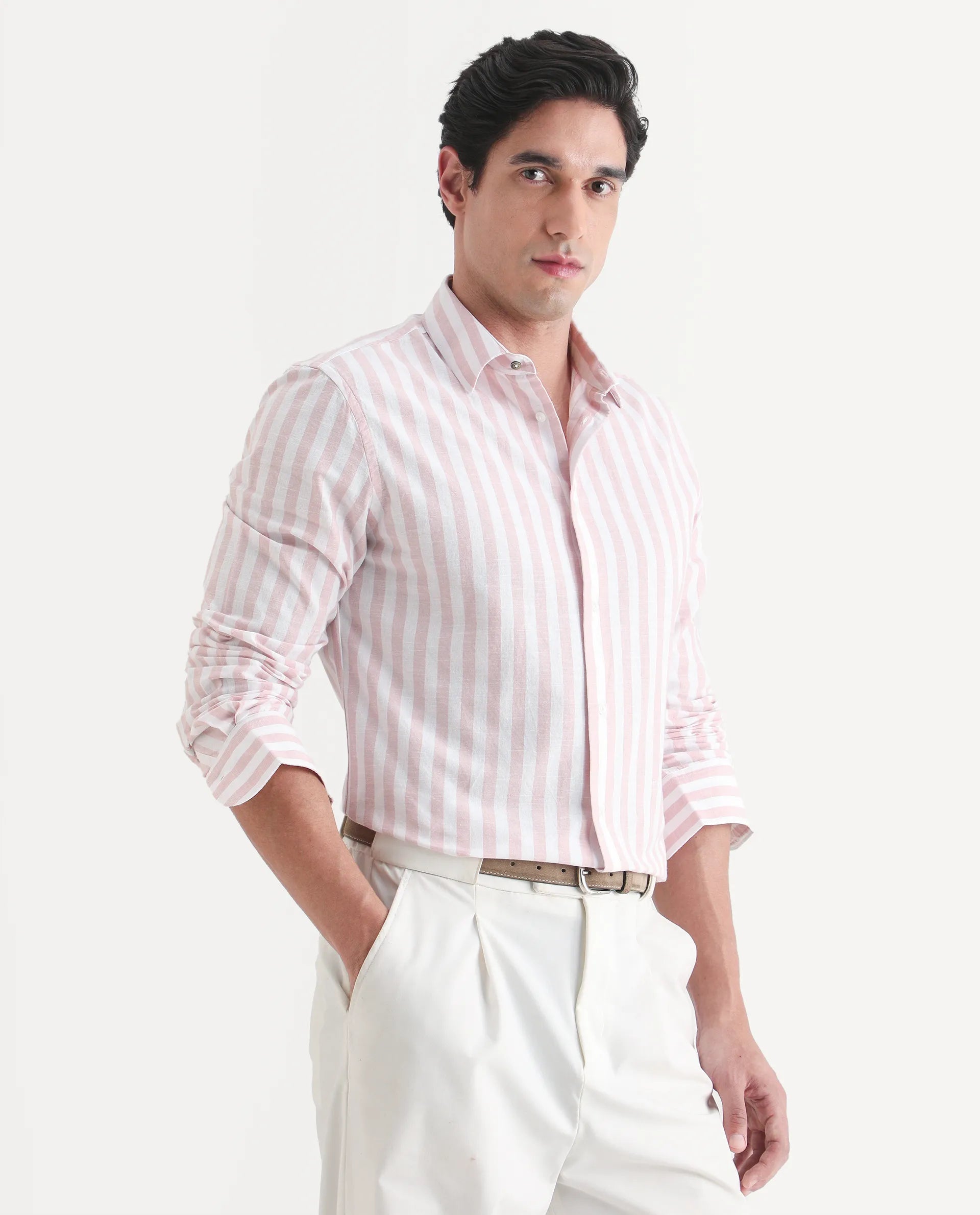 Rare Rabbit Men's Denny Pink Cotton Fabric Spread Collar Regular Fit Striped Shirt