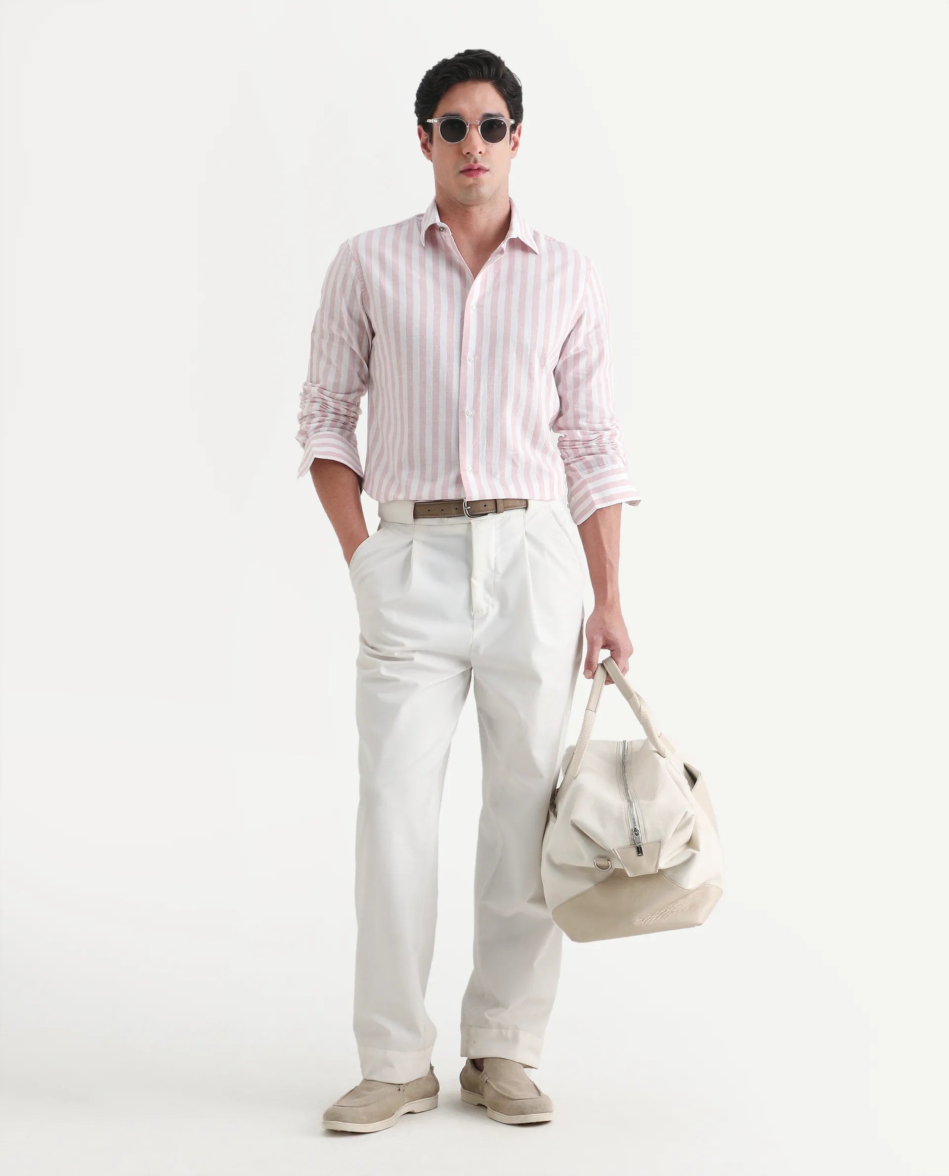 Rare Rabbit Men's Denny Pink Cotton Fabric Spread Collar Regular Fit Striped Shirt