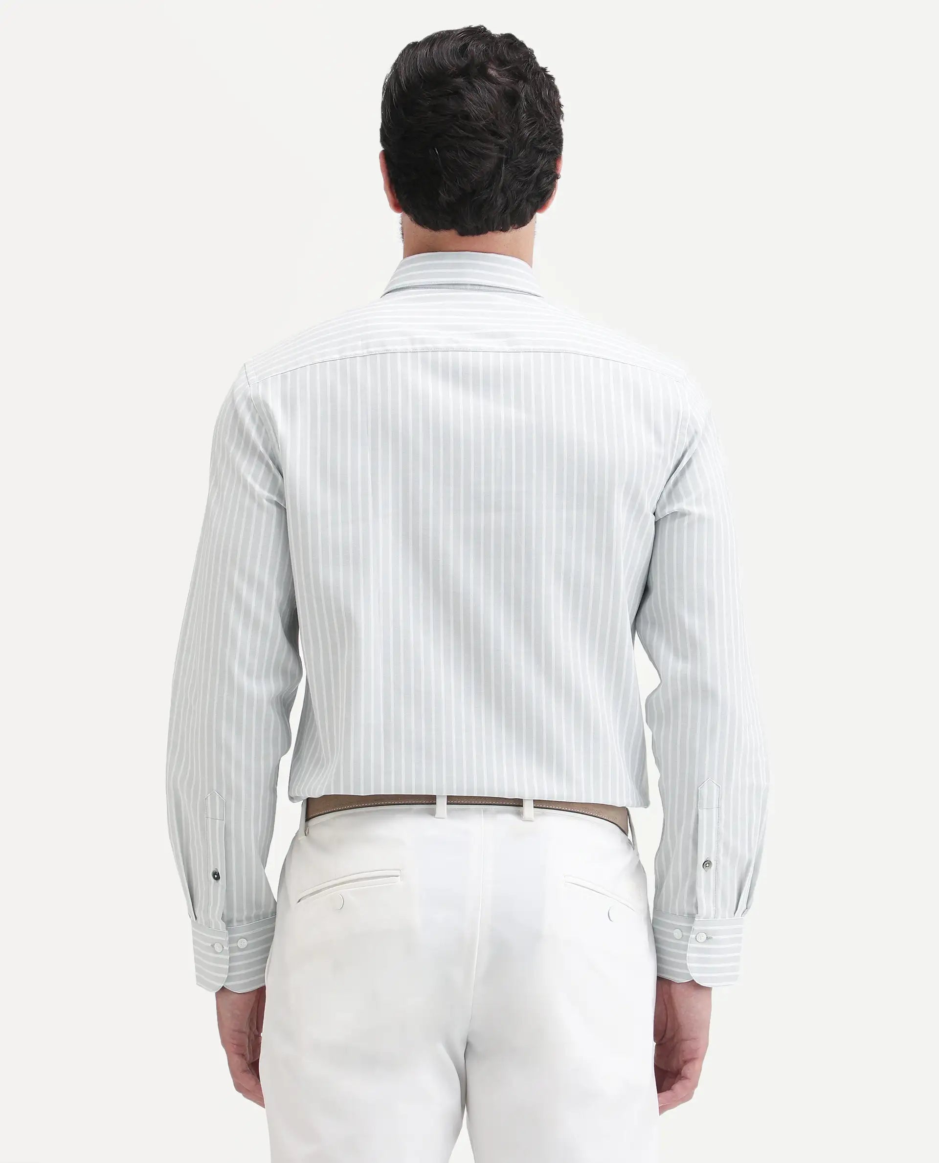 Rare Rabbit Men's Amble Light Grey Cotton Blend Fabric Spread Collar Regular Fit Striped Shirt