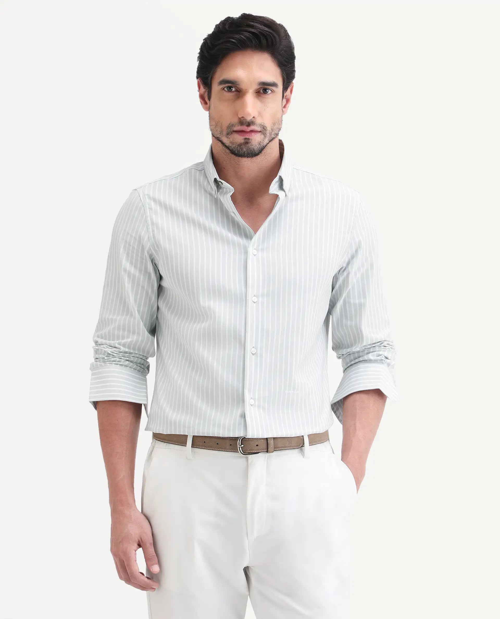 Rare Rabbit Men's Amble Light Grey Cotton Blend Fabric Spread Collar Regular Fit Striped Shirt