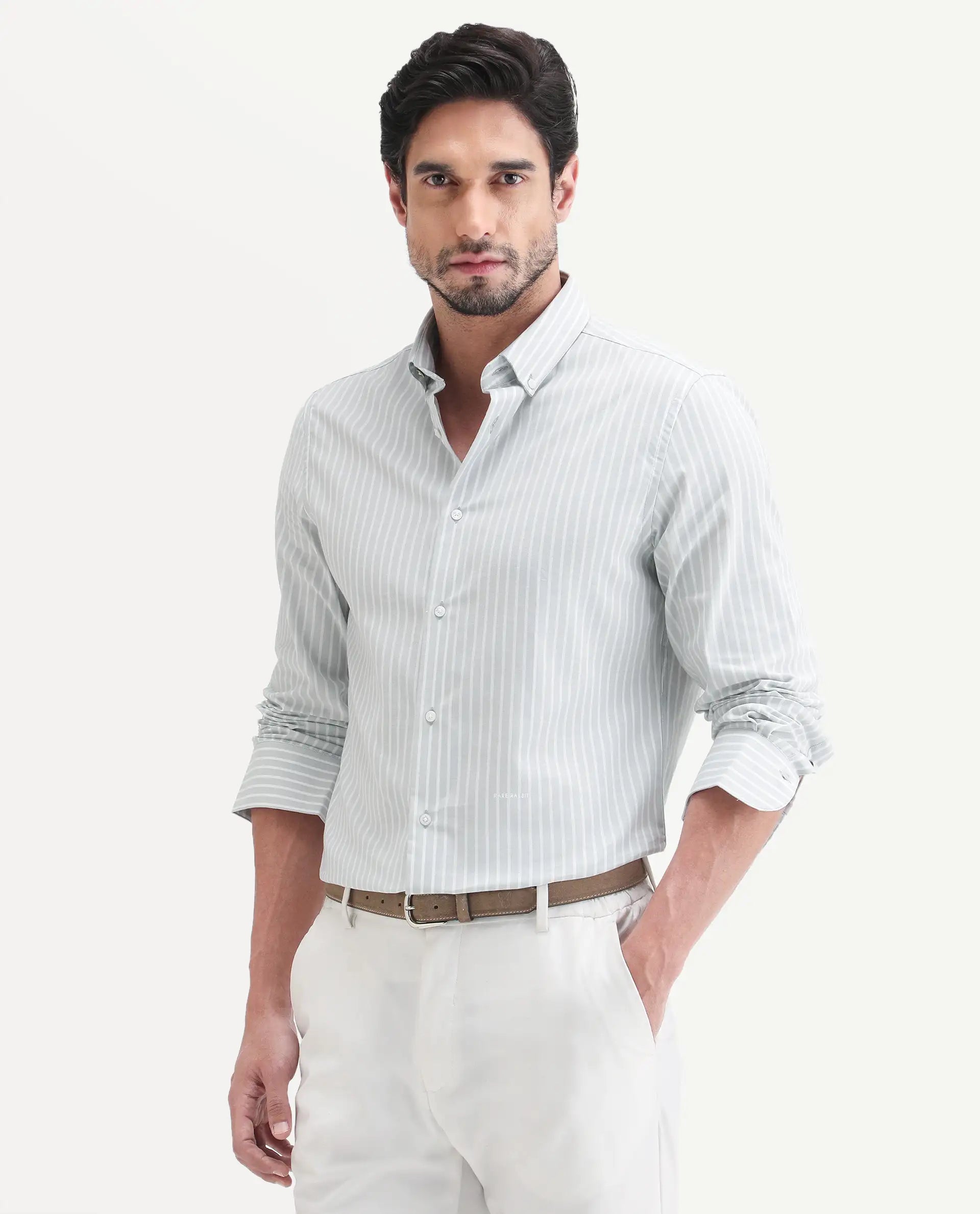 Rare Rabbit Men's Amble Light Grey Cotton Blend Fabric Spread Collar Regular Fit Striped Shirt
