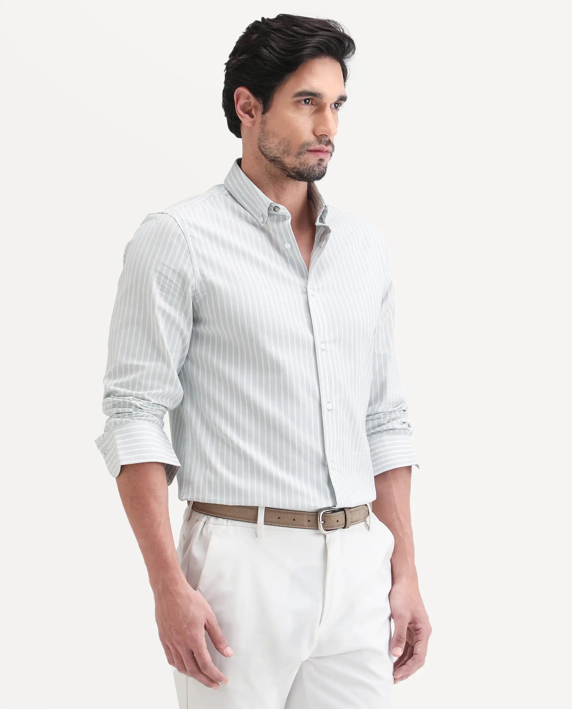 Rare Rabbit Men's Amble Light Grey Cotton Blend Fabric Spread Collar Regular Fit Striped Shirt