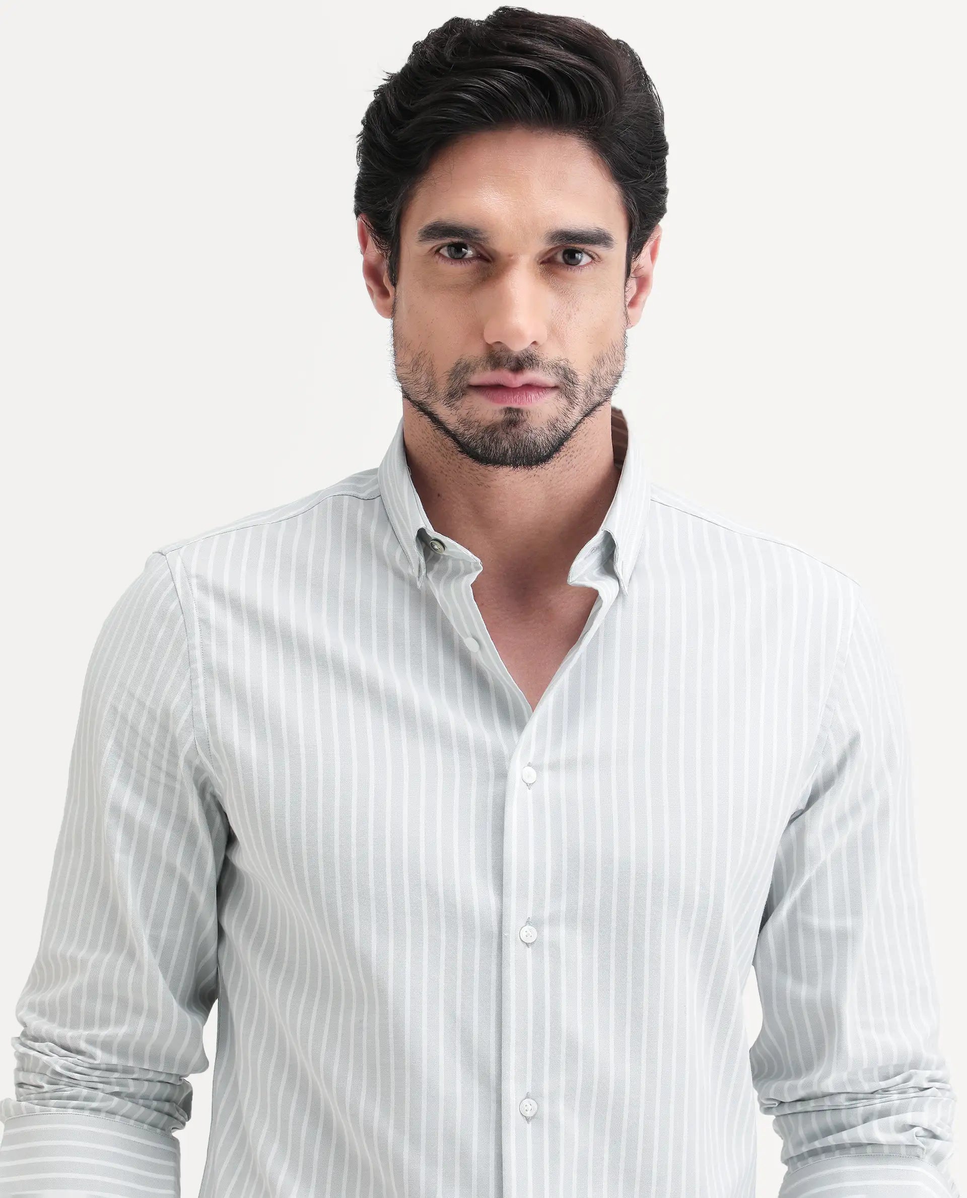 Rare Rabbit Men's Amble Light Grey Cotton Blend Fabric Spread Collar Regular Fit Striped Shirt