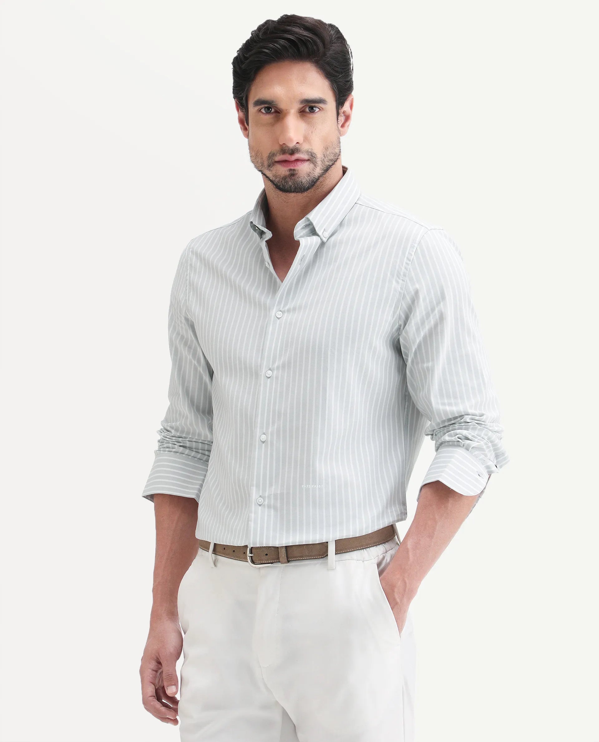 Rare Rabbit Men's Amble Light Grey Cotton Blend Fabric Spread Collar Regular Fit Striped Shirt