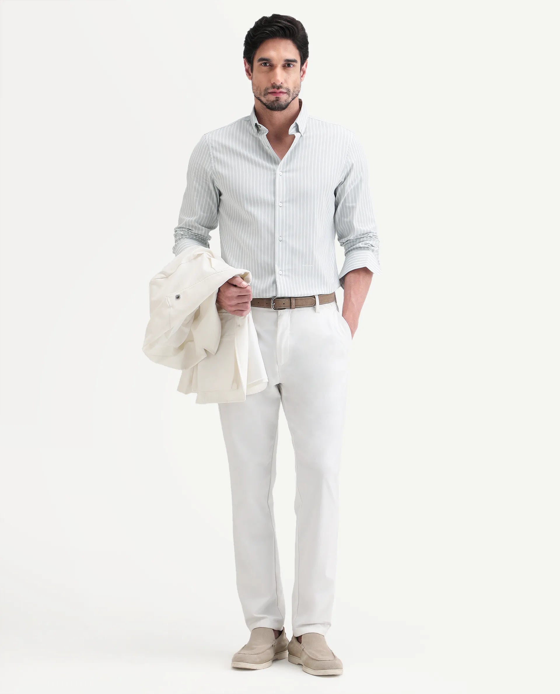 Rare Rabbit Men's Amble Light Grey Cotton Blend Fabric Spread Collar Regular Fit Striped Shirt