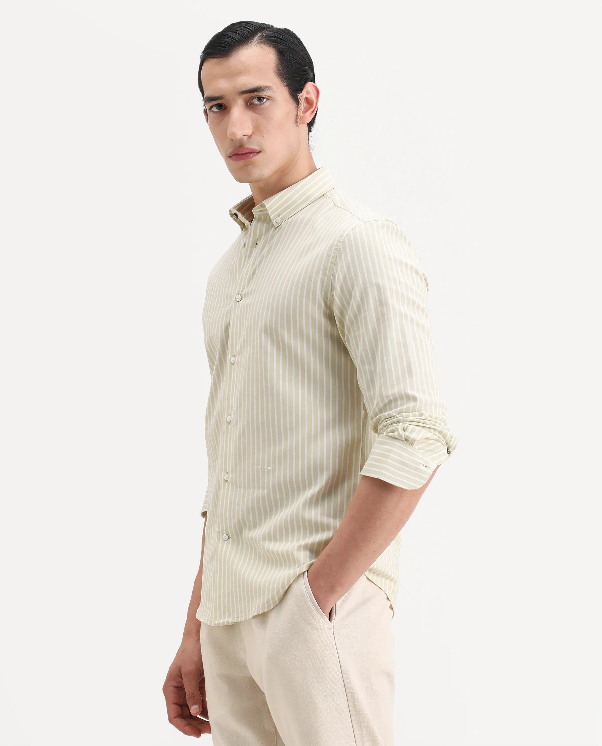 Rare Rabbit Men's Amble Dusky Green Cotton Blend Fabric Spread Collar Regular Fit Striped Shirt