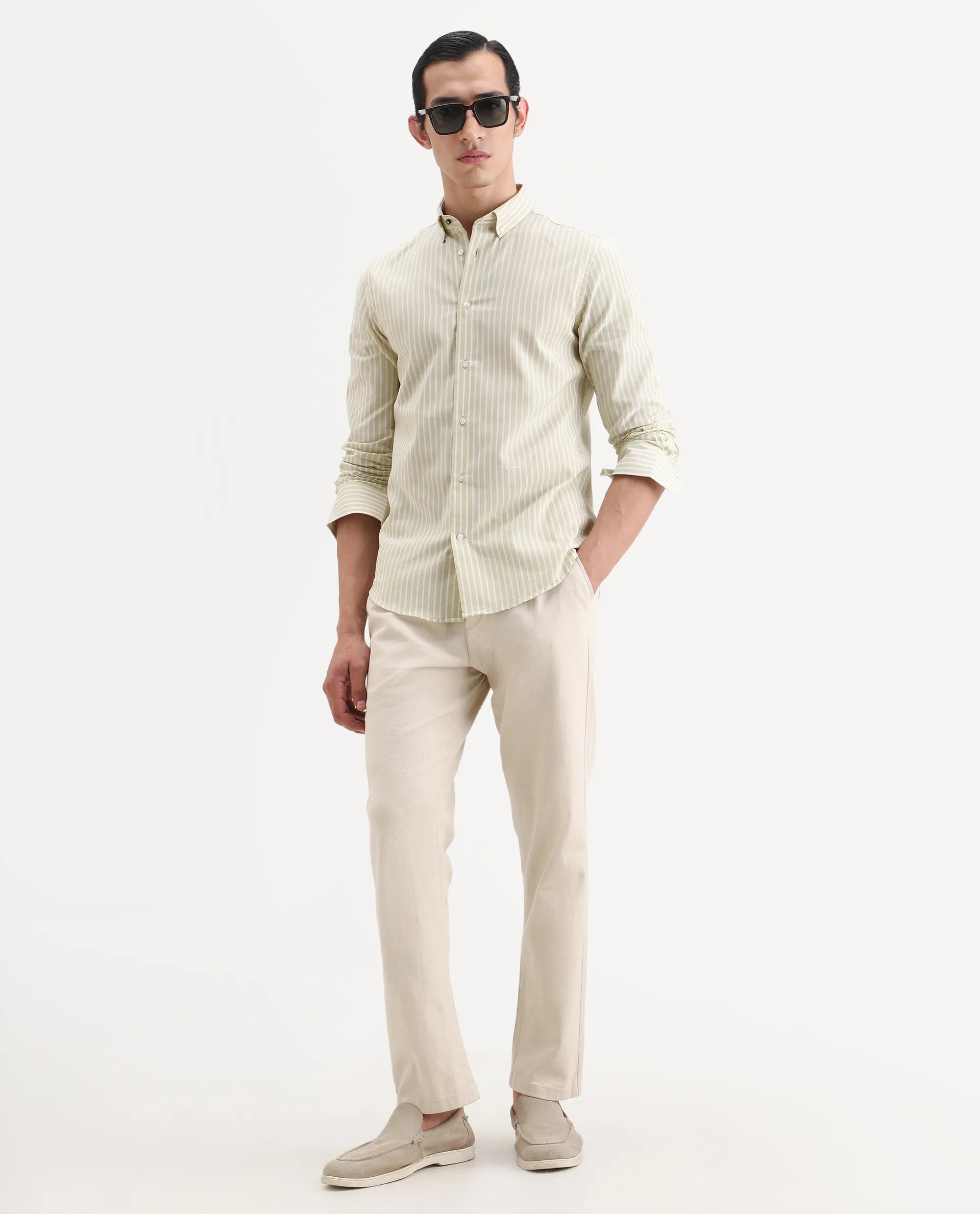 Rare Rabbit Men's Amble Dusky Green Cotton Blend Fabric Spread Collar Regular Fit Striped Shirt