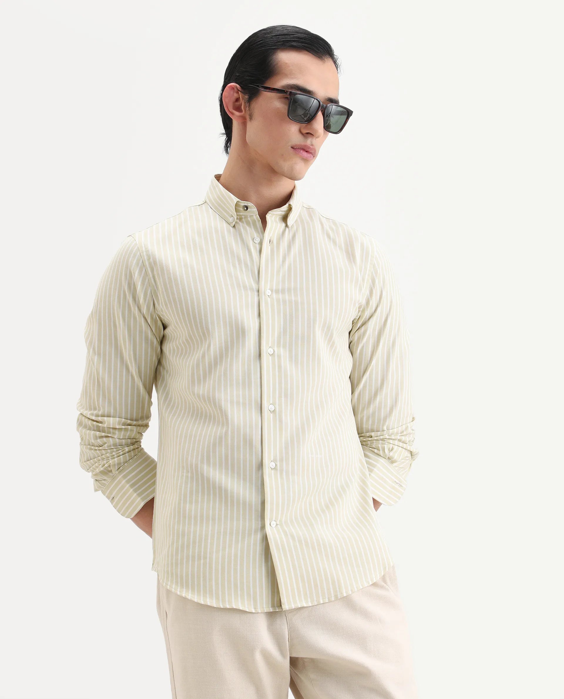 Rare Rabbit Men's Amble Dusky Green Cotton Blend Fabric Spread Collar Regular Fit Striped Shirt