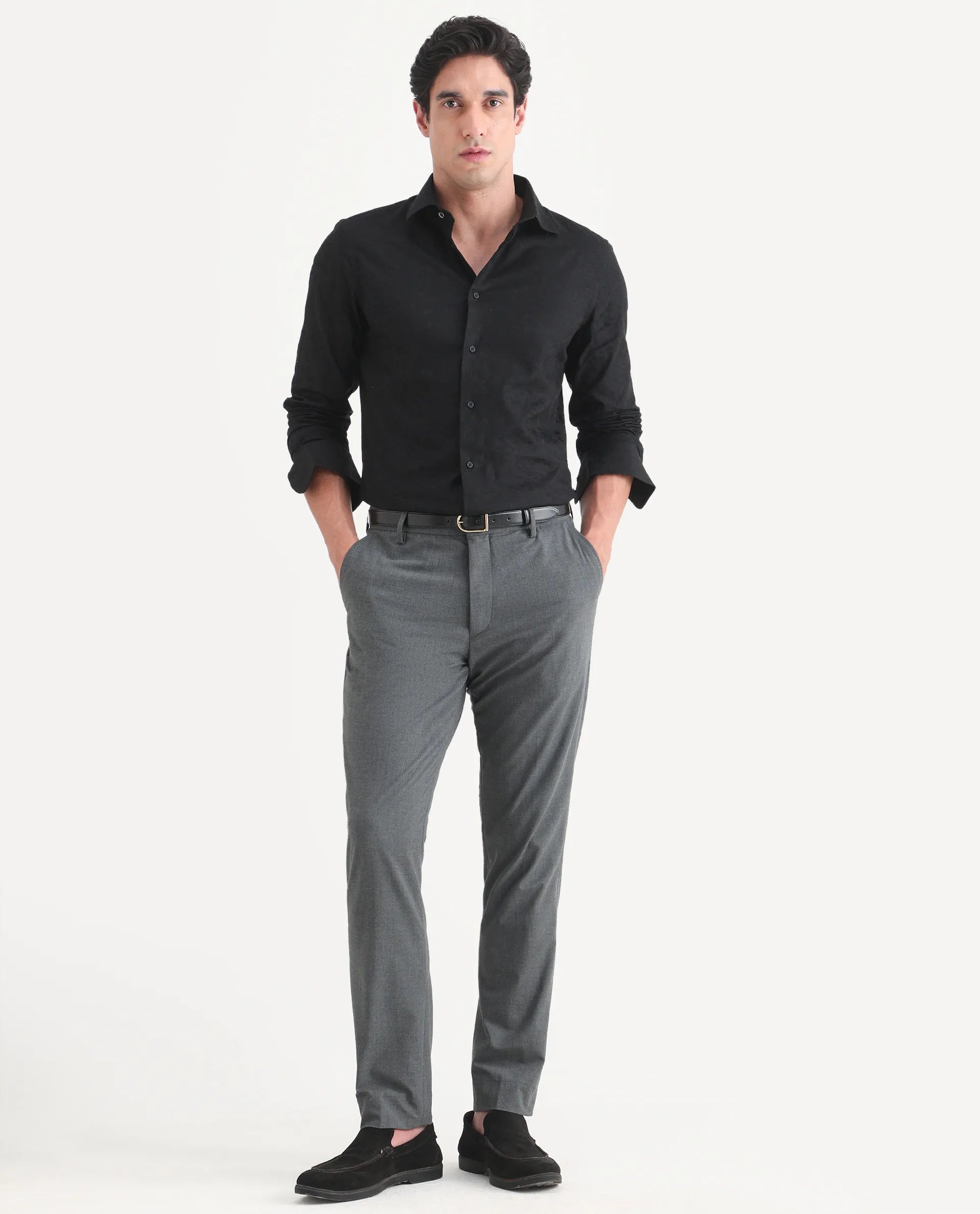 Rare Rabbit Men's Bedale Black Cotton Fabric Spread Collar Regular Fit Jacquard Shirt