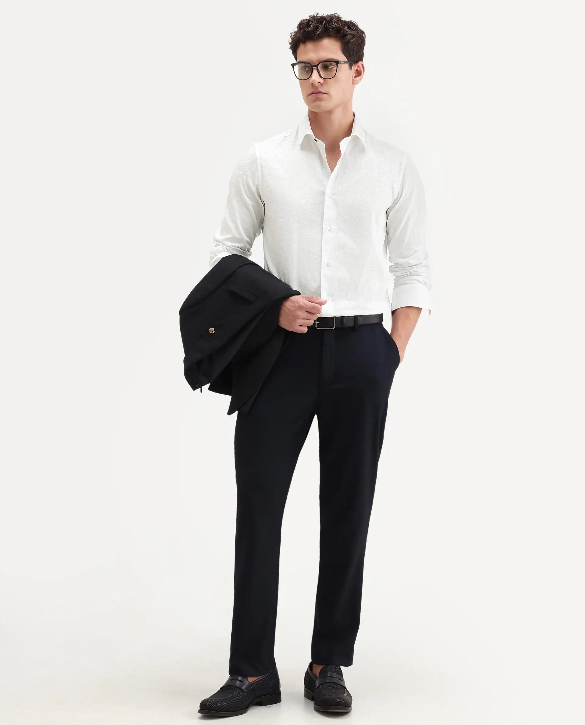 Rare Rabbit Men's Bedale White Cotton Fabric Spread Collar Regular Fit Jacquard Shirt