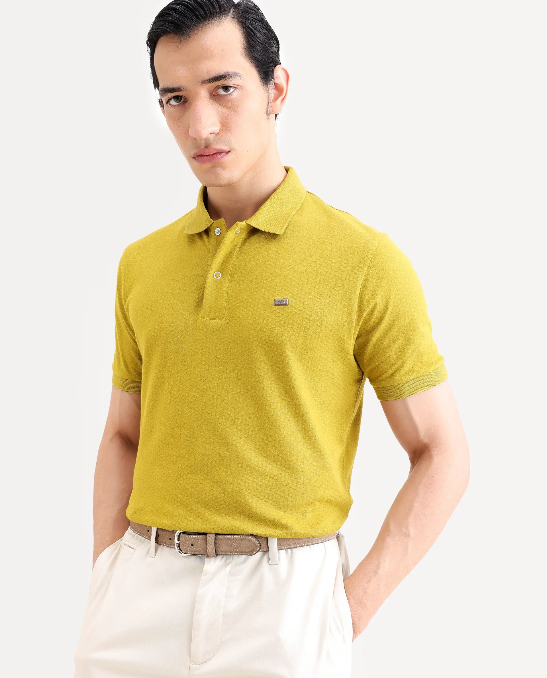Rare Rabbit Men's Avo Dusky Olive Cotton Fabric Spread Collar Regular Fit Plain Polo