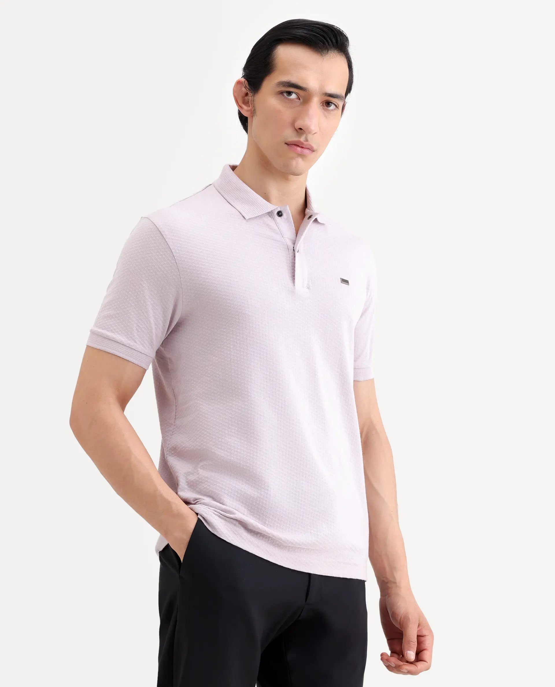 Rare Rabbit Men's Avo Pastel Purple Cotton Fabric Spread Collar Regular Fit Plain Polo
