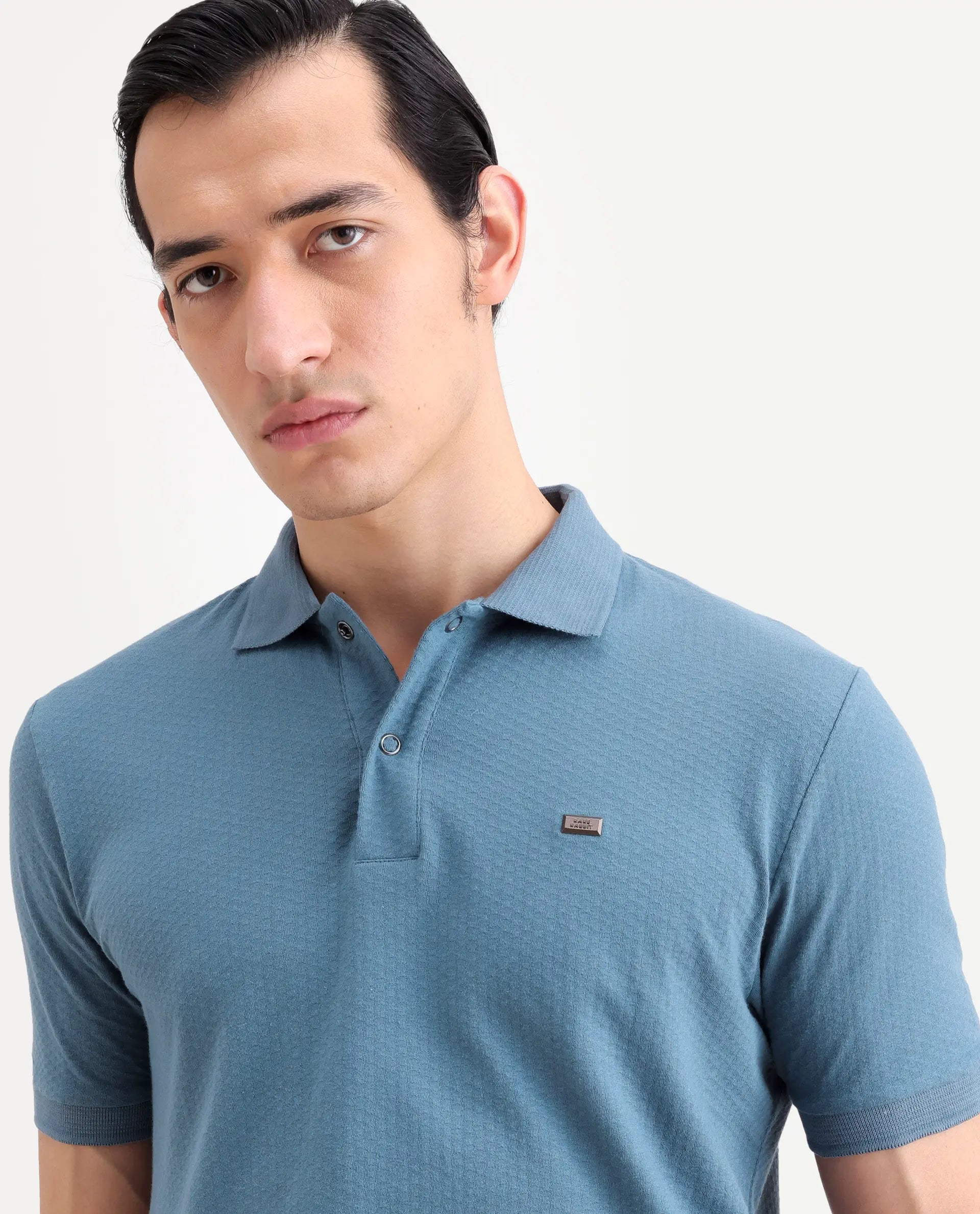 Rare Rabbit Men's Avo Dusky Blue Cotton Fabric Spread Collar Regular Fit Plain Polo