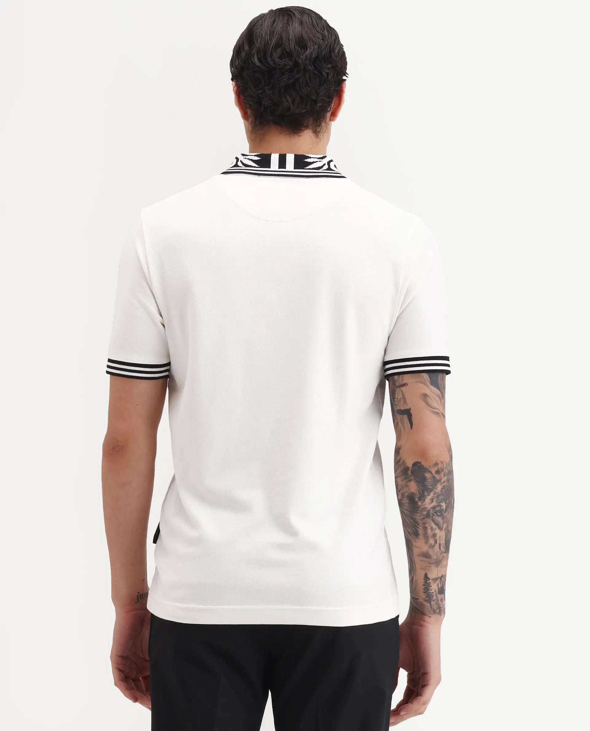Rare Rabbit Men's Axeo White Cotton Blend Fabric Spread Collar Regular Fit Plain Polo