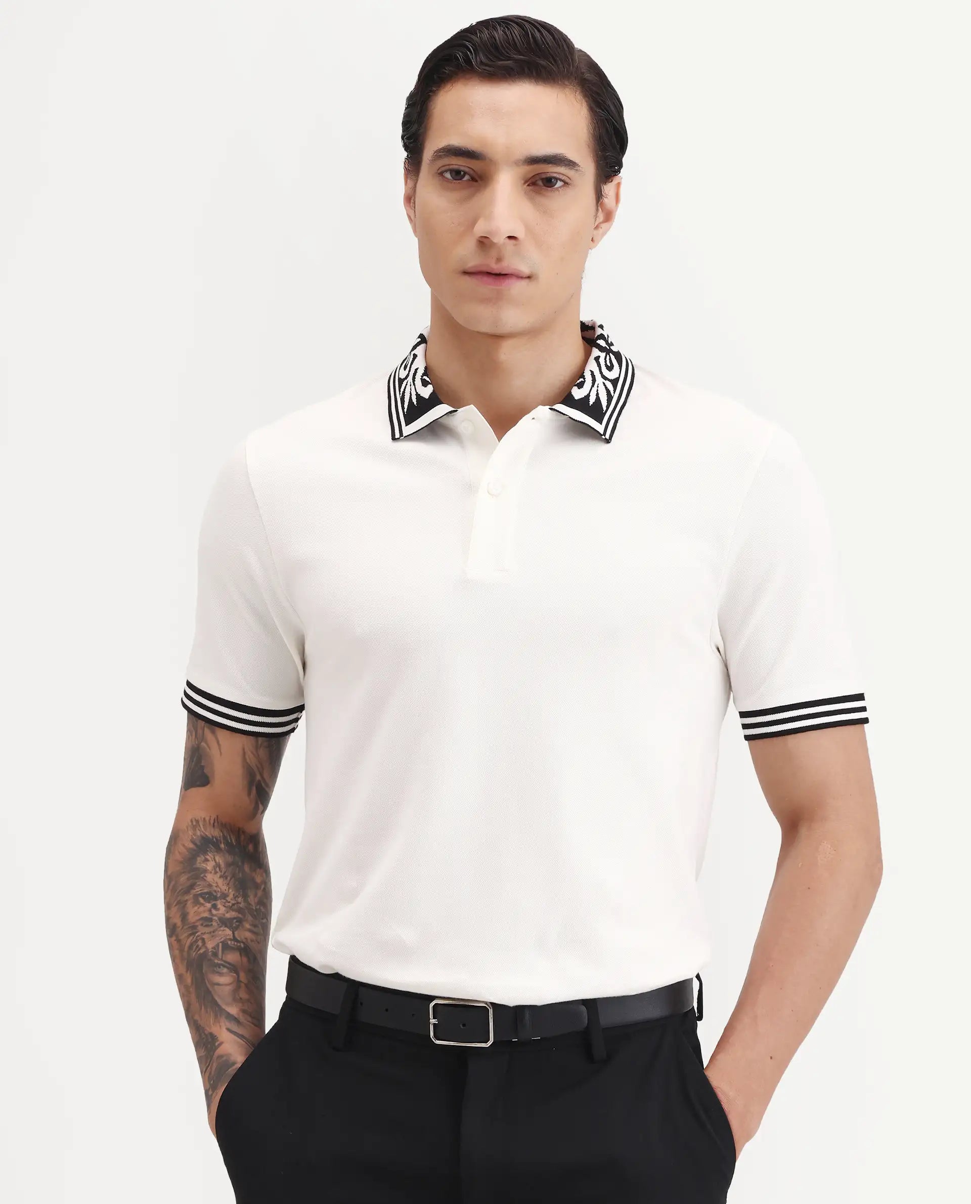 Rare Rabbit Men's Axeo White Cotton Blend Fabric Spread Collar Regular Fit Plain Polo