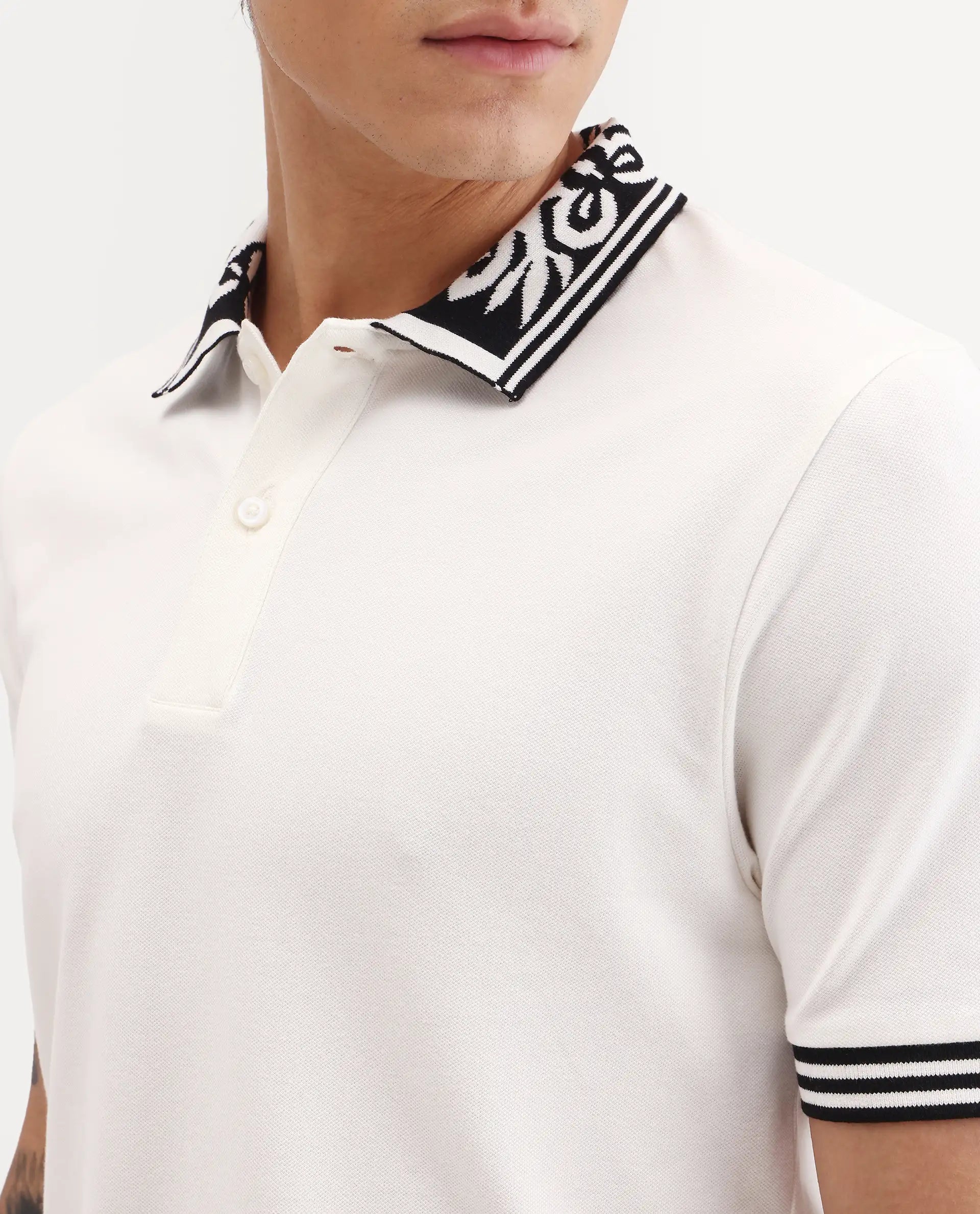 Rare Rabbit Men's Axeo White Cotton Blend Fabric Spread Collar Regular Fit Plain Polo