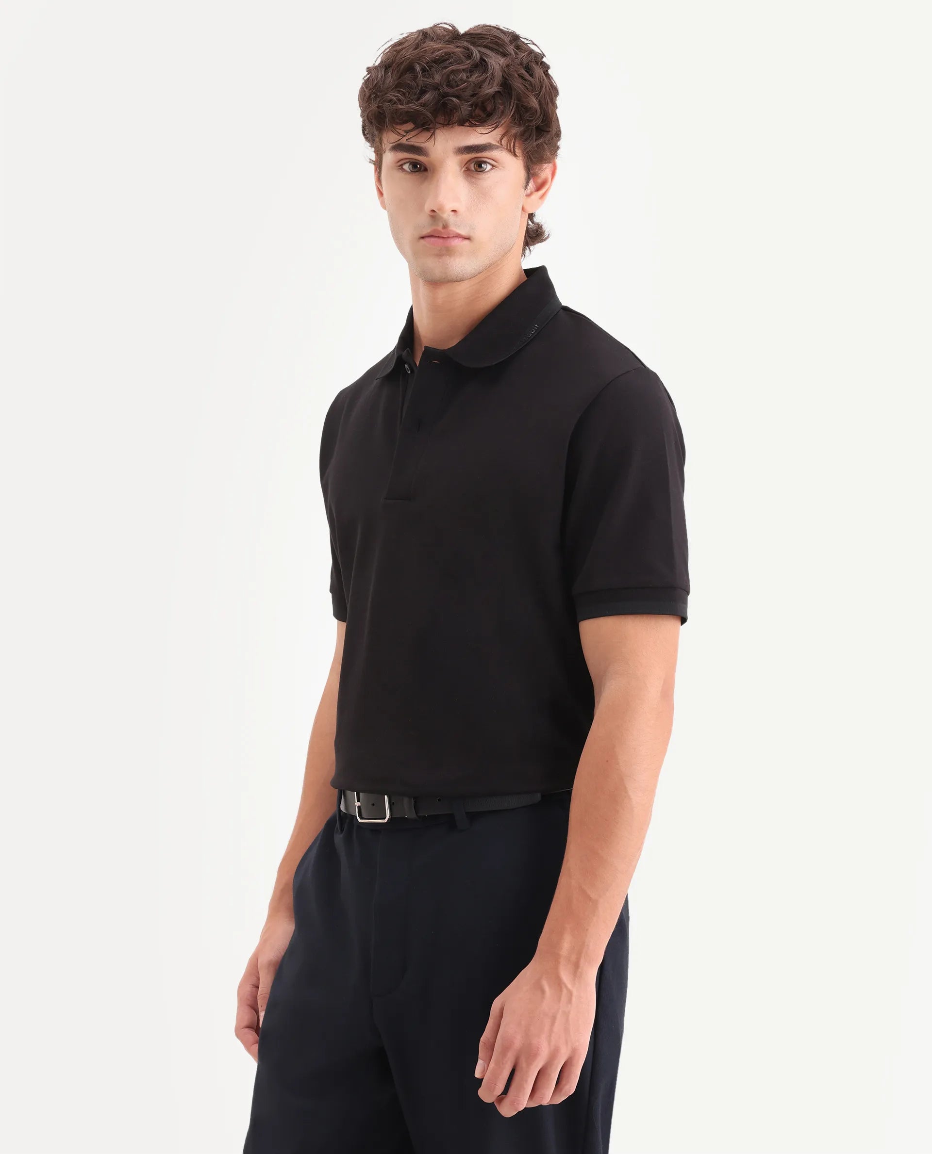Rare Rabbit Men's Clak Black Cotton Blend Fabric Half Sleeve Spread Collar Regular Fit Plain Polo